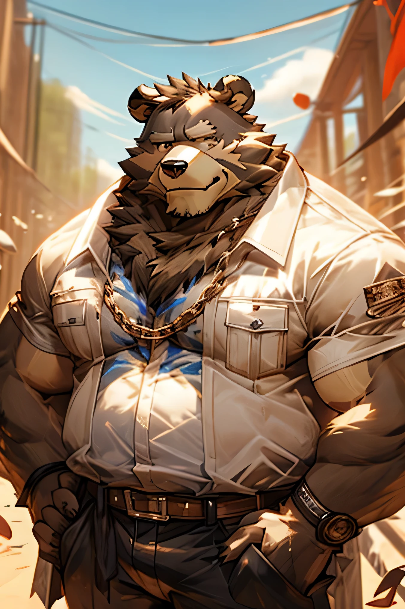 alone, smile, short hair, shirt, animal ears, male focus, cowboy shot, collared shirt, pants, hand on hip, muscular, floral print, sunglasses, pecs, muscular man, red shirt, bara, hairy, chubby, adjusting glasses, hairy male, belly, brown pants, partially unbuttoned, bear ears, hand on glasses, Hawaiian shirt