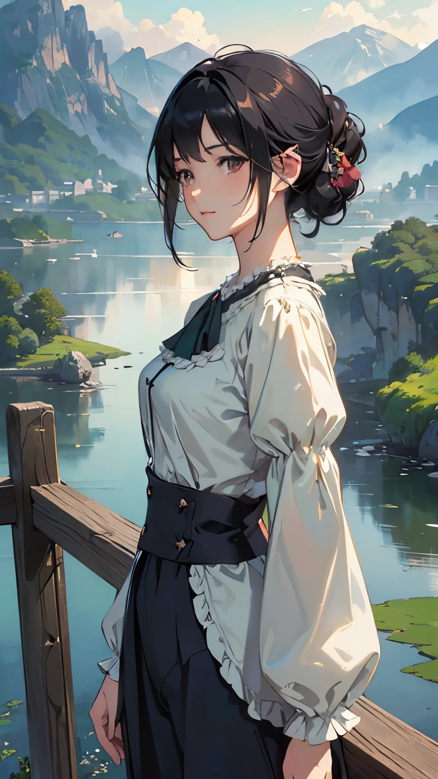 (highest quality、High resolution、masterpiece)、(Anime Art 4k)、(Photorealistic)、(Outdoor Girl)、Portraiture、 (whole body)、(1 person)、20-year-old woman、( Woman Standing On A Hill)、Beautiful Face、 (Facial detailing)、Black Hair、 short hair、 Beautiful Hair、Shiny Hair、(Put your hair up、Combing hair)、Skin Texture、Slim figure、Small breasts、(blouse)、(Best)、(Knickerbocker)、Cinema Lighting、Ray Tracing、Soft Light、Landscape painted on a foggy morning、Outdoor、Nice views、pastoral landscapes、Lake and mountains in the distance background々、(Sargent-style watercolor)、(Edmund Leighton Style)、