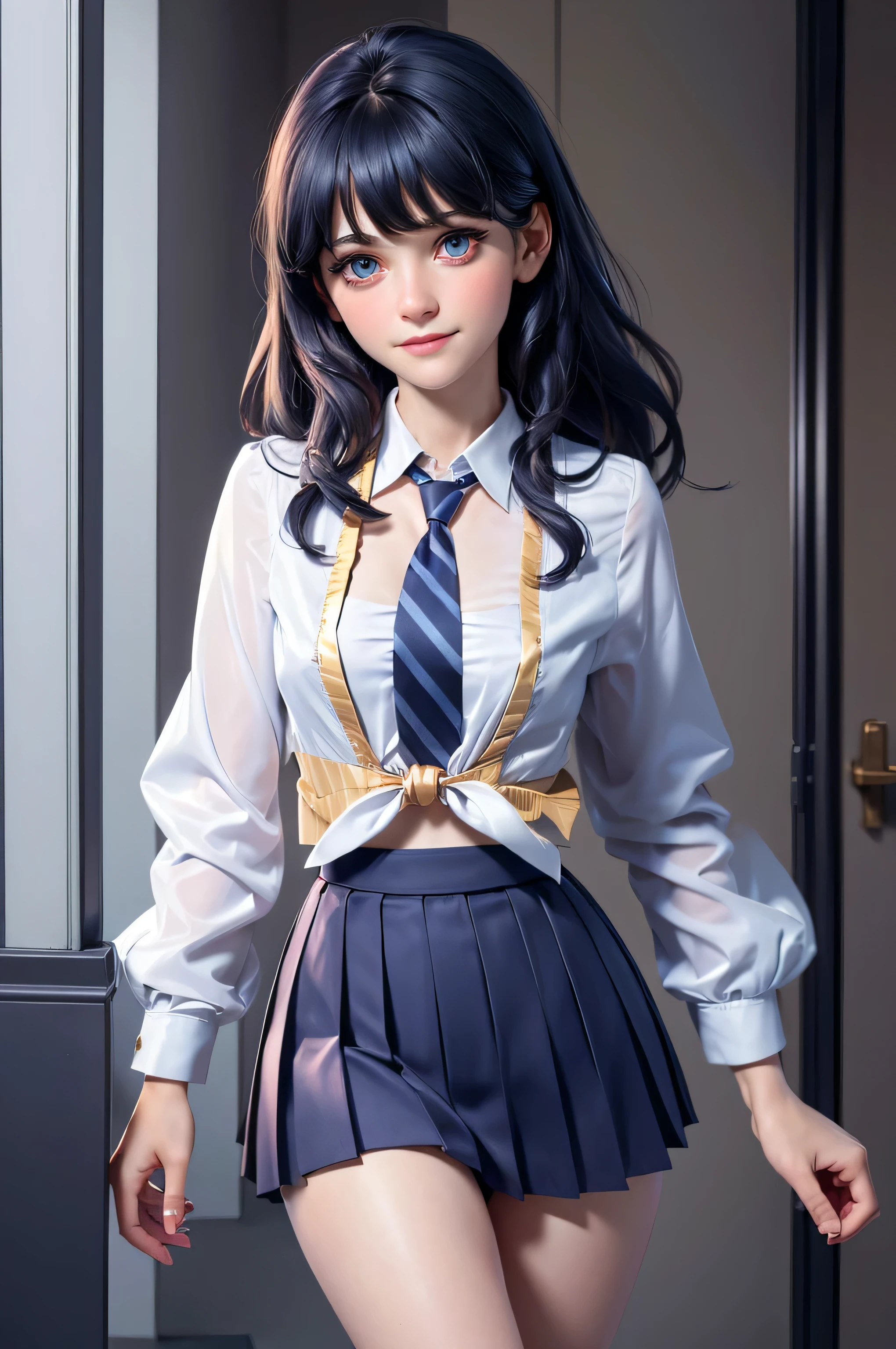 Zooey Deschanel, age 16, gynoid physique, (solo:1.1), zooey deschanel, perfect face, (((night color skirt suit))), (((pleated school miniskirt))), (((night color jacket))), (((silk necktie))), windsor necktie, (((white shirt))), cup size E, (((night color miniskirt with 1 horizontal golden stripe))), solo focus, fully clothed, smartly dressed, smiling, careless styling, medium length hair, dark blue hair, bright eyes blue like the sky, beatiful detailed eyes，bright pupils，（Very fine and beautiful），（Beautiful and detailed eye description), [[delicate fingers and hands:0.55]::0.85], (detail of fingers), facing at camera, (Background with：school corridor，mystic atmosphere), (illustration, cartoon, masterpiece, highly detailed, best qualtiy，cinematic lighting，muted colors, detailed background, A high resolution)