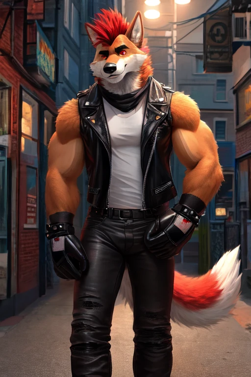 ((best quality)), ((masterpiece)), (detailed), perfect face, Bara Furry, Anthropomorphic wolfdog, 70% Wolf, 25% Tamaskan wolfdog, 5% Dingo, 6'7 and 233 lbs, 50" Chest, 21" Shoulders, 17" Biceps, 36" Waist, 25" thighs, 17" calves, 20" back, orange fur, red fur on tips of his ears, red fur at the end of his tail, red hair, mohawk hairstyle, red eyes, weaing sleeveless black leather biker vest, wearing white T-shirt with sleeveless ripped off, wearing black leather pants, wearing black leather boots, wearing black bandana around forehead, wearing red boxing gloves, Punk aesthetic, biker aesthetic, metropolitan statistical area, location based on Annapolis, Maryland, dynamic lighting, perfect shading, soft shading, soft colors, vivid colors, pastel colors 