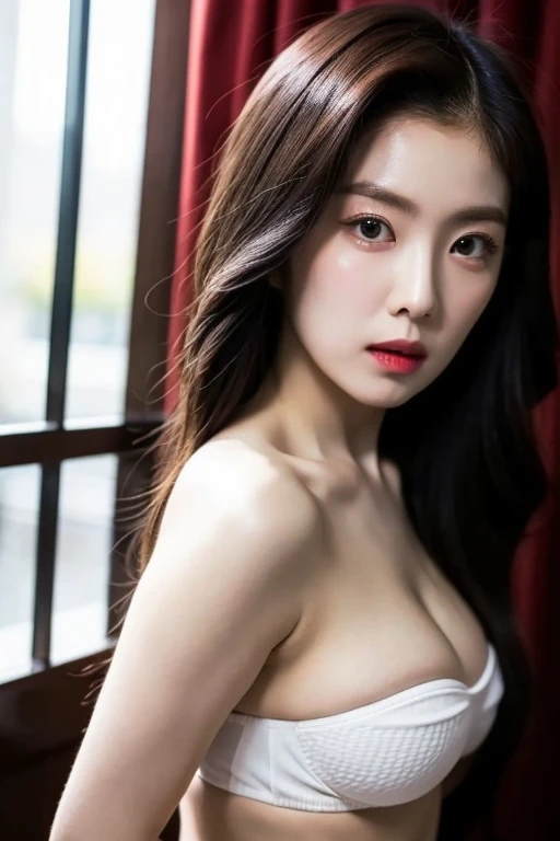 , (Mature body), Solitary,Long gray hair,black hair color, Off-shoulder, black eyes,1 Sister,A sexy pose,best quality,masterpiece,light,Extremely exquisite and beautiful,CG,Unite,8K Wallpaper,Astonishing,detailed,masterpiece,Official Art,The content is very detailed Cg Unite 8K Wallpaper,Extremely ridiculous,Huge file size,ultra - detailed,high resolution,The content is very detailed,Beautiful and delicate girl,Practical,full,Hotel Room,Light Contrast, Lopez, fully body photo, full, White under underwear