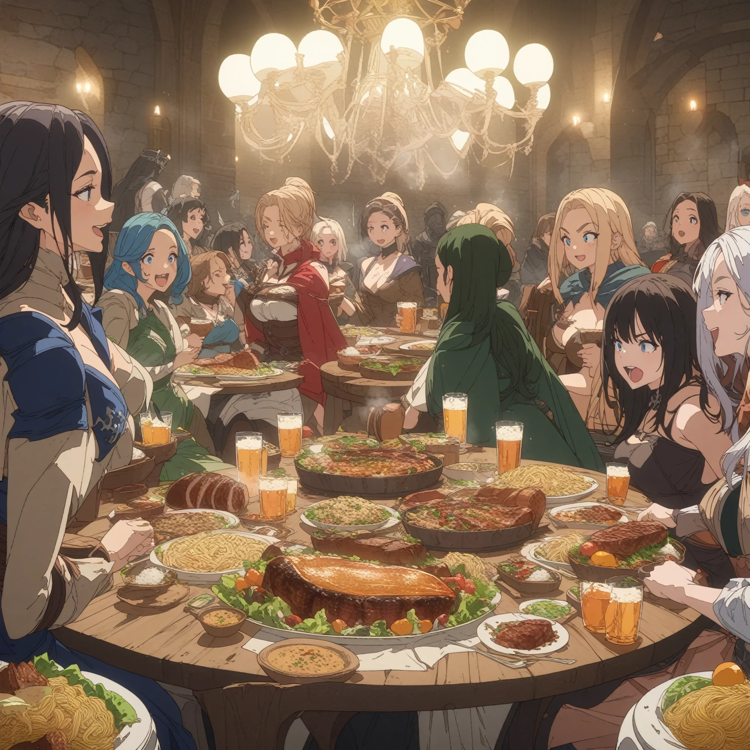 masterpiece, bestquality, ultra-detailed,
middle ages, medieval times, Medieval European fantasy, 
flat design, ligne claire, photorealistic, anime screencap, emotional atmosphere, Dynamic composition, dynamic scene,
cinematic lighting, chandelier, 
official_art, asymmetry, 
(Small group fantasy woman focus:1.6),
(Medium Shot, Fisheye Lens, depth of field, bokeh), 
(Look away), 
Fantasy, Adventurer's Guild, fantasy costumes, Warriors, dirty quaint fantasy small Guild bar, Lively dining, Rude women, (small table:1.2),
(women group focus, 1 group focus, 1 table focus, girls group focus, Banquet, Woman taking a seat), 
A party of female adventurers happily eating and drinking lots of delicious-looking food at a bar.,
(Looks like so much fun, 😃, 😁, 😆:1.2), 
A dynamic toast, Female party members around one small table, Wooden beer cup, A huge amount of delicious food, Big bone-in Grilled meat, Delicious Grilled meat served on a salad, Cooked fish dishes, Cooked rice dishes, Cooked pasta dishes, Cooked pasta dishes, bread, fruits, dessert, Steam rising, Sizzle, 
(The savage women, A vulgar woman, lewd woman, mature woman only:1.2), 