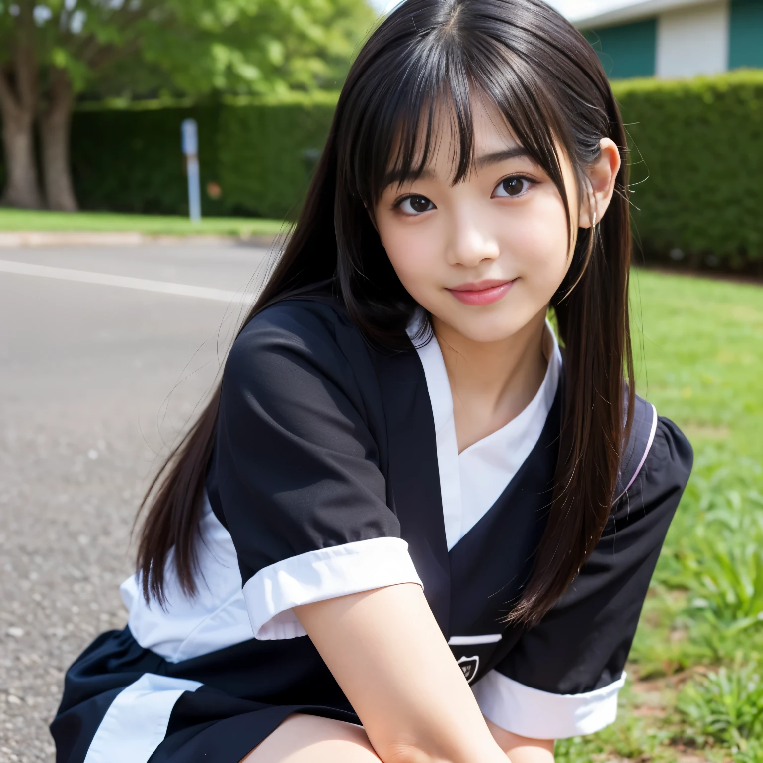 Best-quality, Masterpiece, Ultra-High-Resolution, (Photorealistic:1.4), Raw-Photo, 1girl, the most famous Japanese idol, (leaning forward), wearing loose track-and-field-uniform, (extremely cute face, ((extremely cute big-black-eyes)), extremely cute hairstyle, extremely cute eyelashes, extremely cute lips, (extremely beautiful skins)), innocent-smile, extremely beautiful short-body