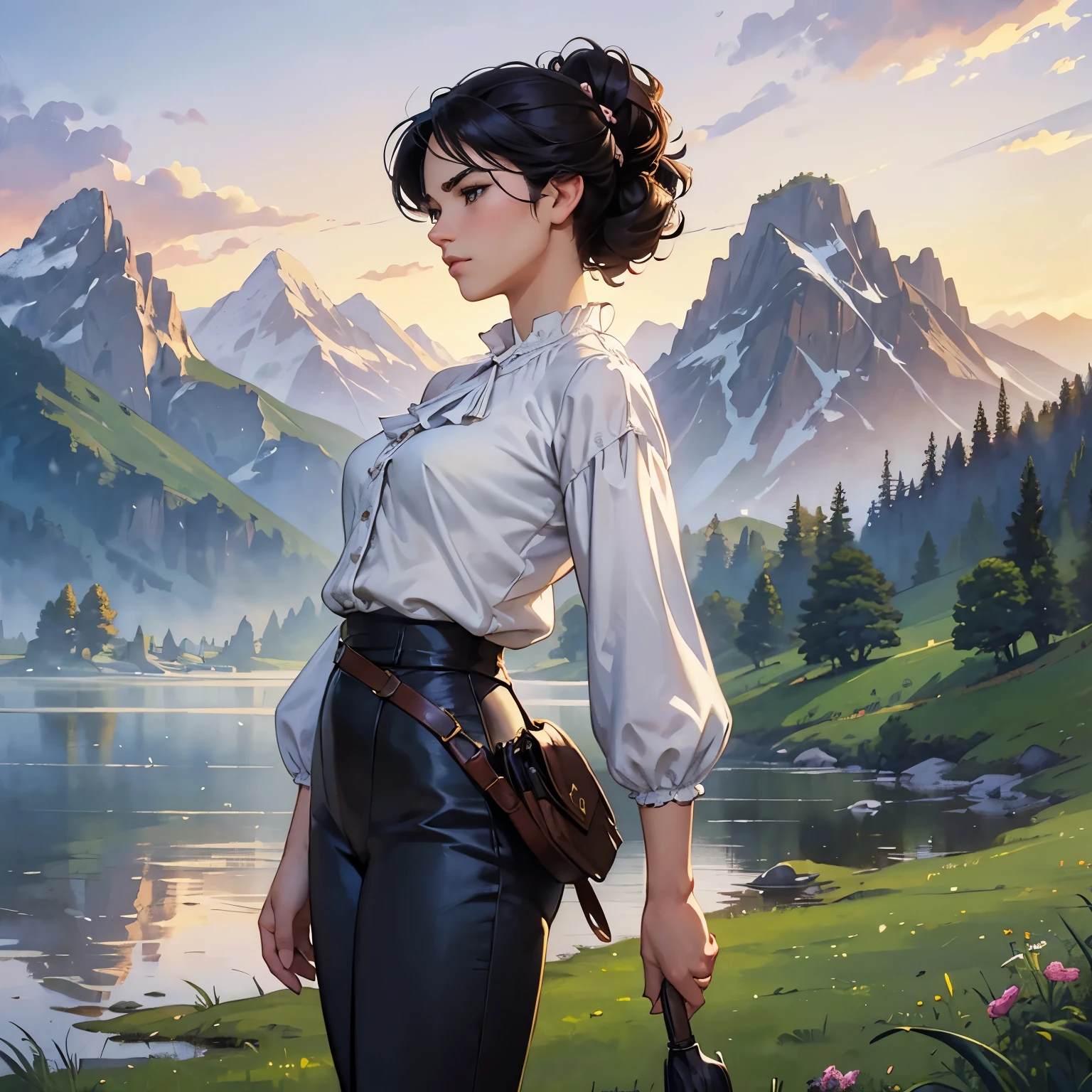 (highest quality、High resolution、masterpiece)、(Anime Art 4k)、(Photorealistic)、(Outdoor Girl)、Portraiture、 (whole body)、(1 person)、20-year-old woman、( Woman Standing On A Hill)、Beautiful Face、 (Facial detailing)、Black Hair、 short hair、 Beautiful Hair、Shiny Hair、(Put your hair up、Combing hair)、Skin Texture、Slim figure、Small breasts、(blouse)、(Best)、Jacket、(Knickerbocker)、Riding pants、Cinema Lighting、Ray Tracing、Soft Light、Landscape painted on a foggy morning、Outdoor、Nice views、pastoral landscapes、Lake and mountains in the distance background々、(Sargent-style watercolor)、(Edmund Leighton Style)、