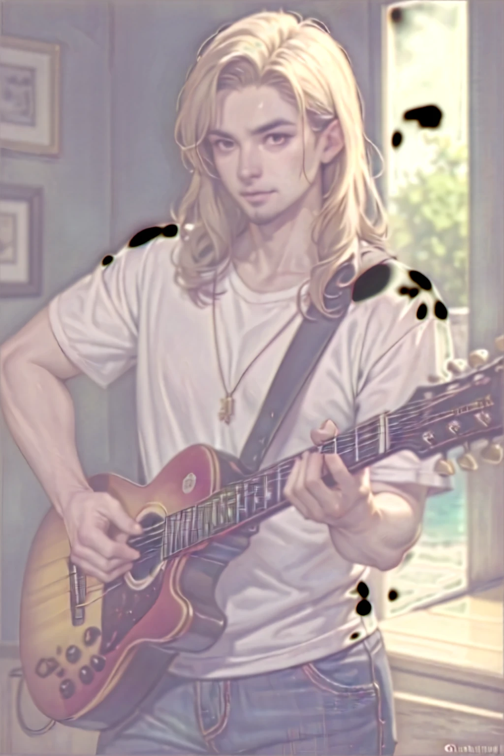 ((melhor qualidade)), ((obra de arte)), (detalhado), rosto perfeito, um homem muito feliz por ter ganho uma guitarra