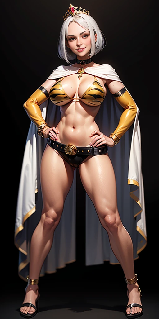 ((BLACK BACKGROUND 1:2, masterpiece)), full body whole body 1solo slave fighter MILF BIMBO standing with two long thighs and two metal sandals, red eyes, silver white hair, short bob style hair, big breasts, cleavage, loincloth standing, hands on hips, separate sleeves, tiara royal, long cape up to two feet, yellow bikini (tiger bikini stripes), hands on waist, hands on waist, navel, lustful smirking smiling, smile face (red blushed, red cheeks) (metal shoulders) gold sleeveless armbands, black leather choker slave collar, shackle bracelets, slave red crest, breastplate, corset, red round ruby eyes, big belt around waist, view from below, feet together, bracers, tiara