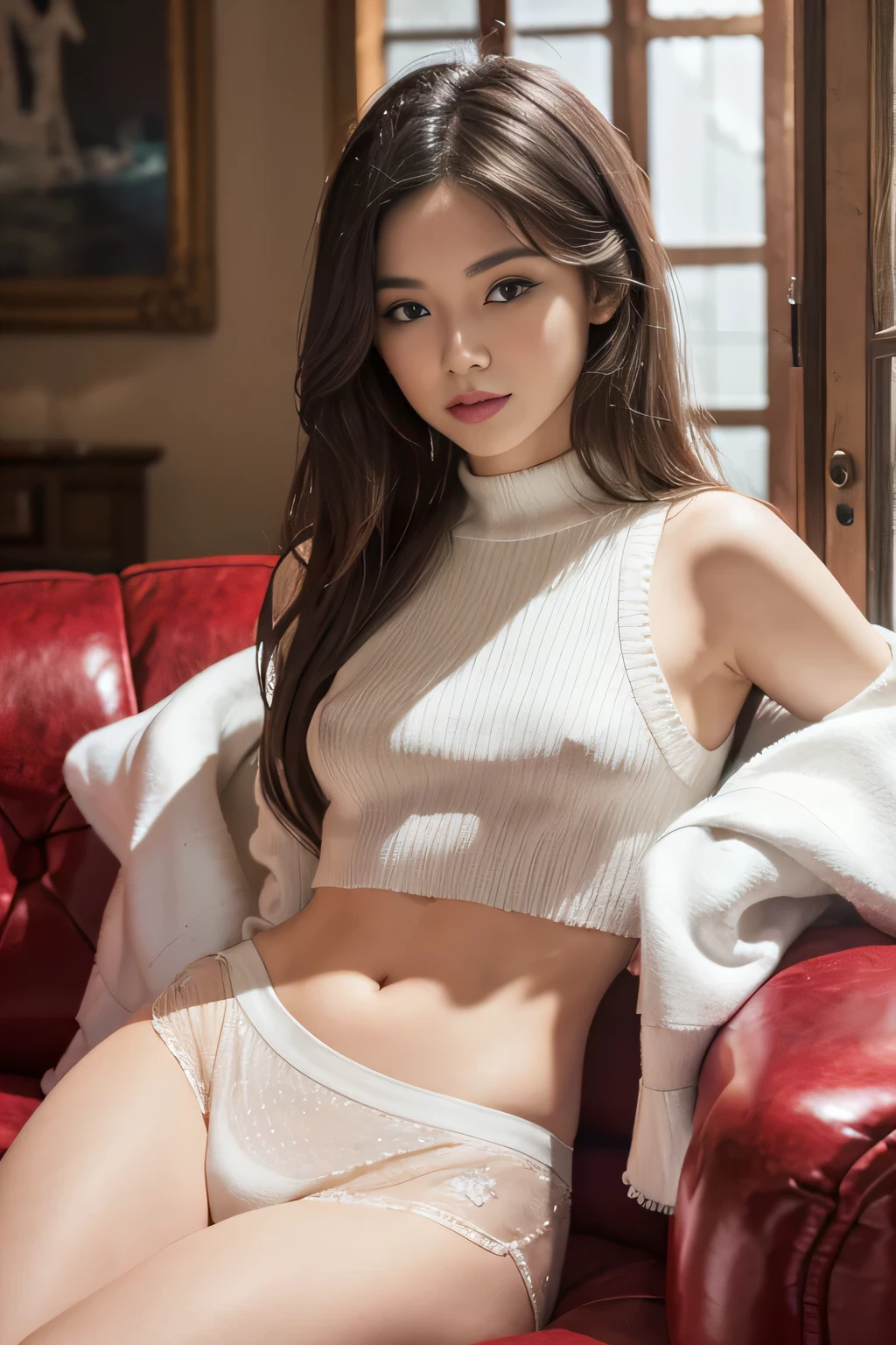 (detailed skin:1.2),(shiny skin:1.1),8k,best quality, masterpiece, ultra high res, moody lighting,(photorealistic:1.4), RAW photo,(soft saturation:1.3),(fair skin:1.2),1woman,Japanese,gyaru,makeup,(lipstick:1.1),(eyeliner:1.2),mascara,eyeshadow, glamor,Slender body,blonde hair and brown hair, chignon, BREAK wearing detailed princess dress, pastel color silk dress, detailed panties,panty aside, BREAK exclusive night club, sitting leather sofa, champagne bottle,wine glass,(smile),no bra,braless,