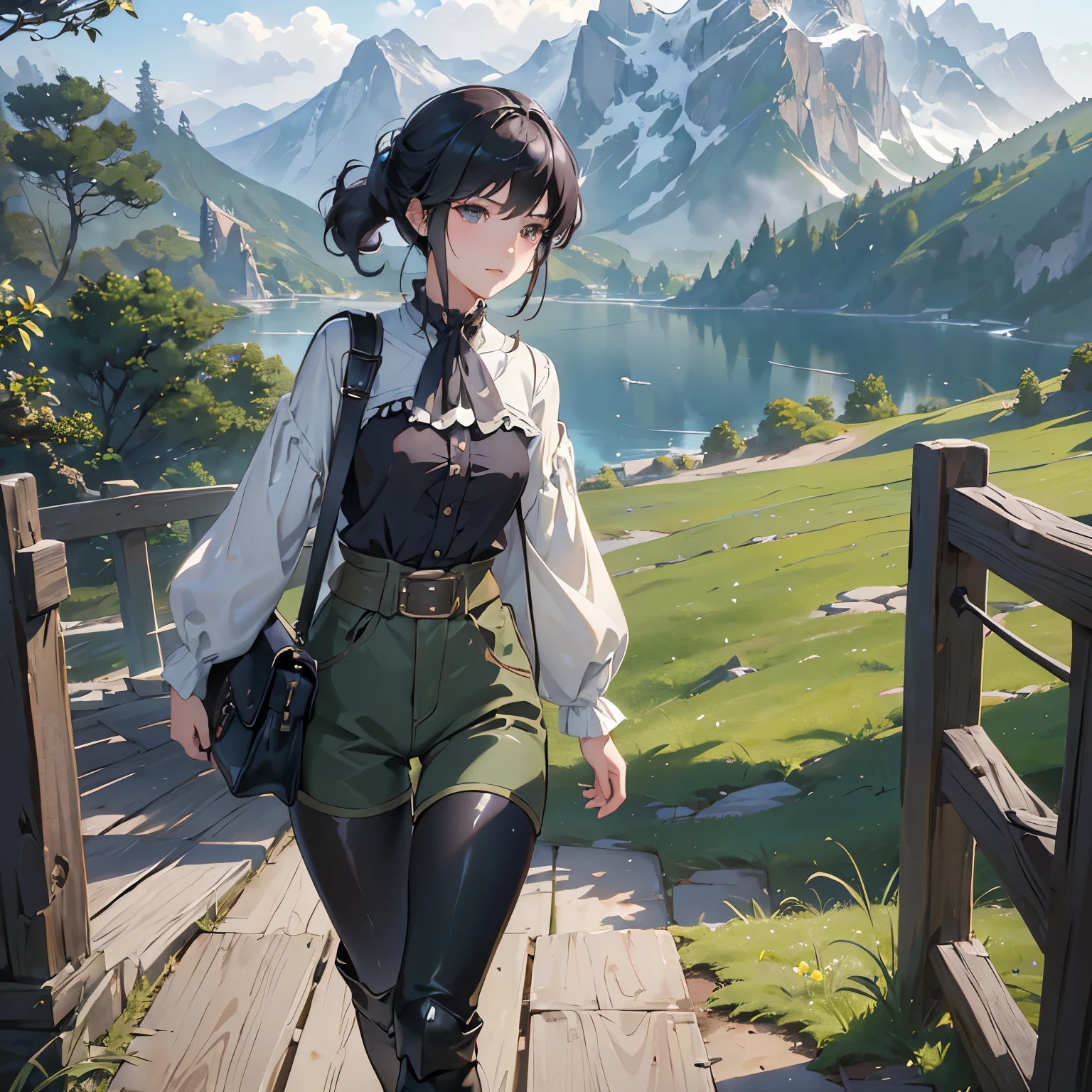 (highest quality、High resolution、masterpiece)、(Anime Art 4k)、(Photorealistic)、(Outdoor Girl)、Portraiture、 (whole body)、(1 person)、20-year-old woman、( Woman Standing On A Hill)、Beautiful Face、 (Facial detailing)、Black Hair、 short hair、 Beautiful Hair、Shiny Hair、(Put your hair up、Combing hair)、Skin Texture、Slim figure、Small breasts、(blouse)、(Best)、Jacket、(Shorts)、Riding pants、boots、Wear a shoulder bag、Cinema Lighting、Ray Tracing、Soft Light、Landscape painted on a foggy morning、Outdoor、Nice views、pastoral landscapes、Lake and mountains in the distance background々、(Sargent-style watercolor)、(Edmund Leighton Style)、