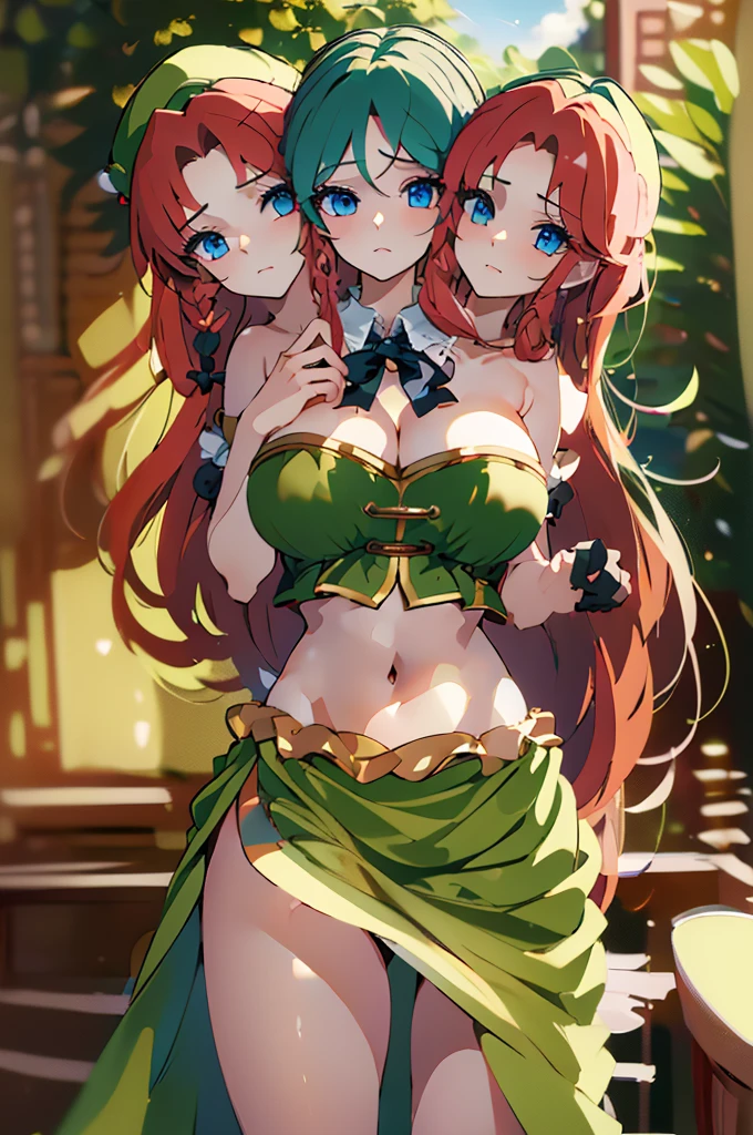(masterpiece, best quality),best quality, (ultra-detailed), (3heads:1.5), 1girl, (ultra-detailed), (3heads:1.5), 1girl, (hong meiling:1.3), masterpiece, (best quality:1.5, highres, UHD), highres, absurdo, ultra detail, ultra quality, Ultra resolution, green top, crop top, ((stomach)), midriff, ((groin)), green skirt, miniskirt, normal ears, shackles, red hair, very long hair, wavy hair, sidelocks, blue eyes, parted lips, midriff, sweat, cute, toned belly, hand on own chest, eyelashes, (24 year old woman:1.3), (masterpiece:1.5), (best quality:1.5), (beautiful detailed), extremely detailed CG, extremely delicate and beautiful, depth of field, (finely detailed face), (perfect details:1.2), (mature female:1.3), wide pelvis, slender, large veiny breast, 16k resolution, high quality, high definition, extremely detailed, masterpiece, red hair, long hair, alluring presence, twin braid, short skirt, close up, big tits, young, striped, green beret, hair ornament, chinese clothes, star hat ornament, open belly, nsfw,