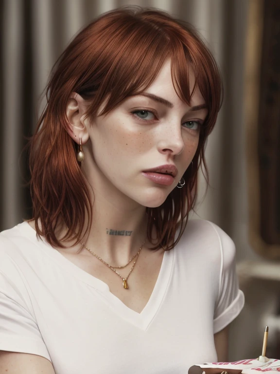 quality, milla jovovich 5 element, bright redhead , 1 girl, One, bang, shirt, closed mouth, white shirt, earrings, lock of hair, parted bang, portrait, realistic, looking at the camera, full face, pomade, 