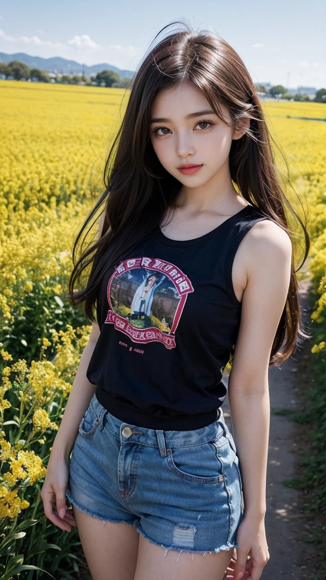 Obra maestra, mejor calidad, Muy detallado, 8k, fotorrealista, Enfoque suave, hermosos ojos detallados, cara detallada, double eyelid, 1 chica, solo, piel hermosa, Piel humana real, primer plano de la cara, cuerpo completo, hermosos pechos firmes, cuerpo maduro, 18 year old girl, hermosa chica, japanese idol, (trenza francesa 1.3), By the chestnut, estilo en capas, ROMPER, (camiseta sin mangas holgada:1.3), ROMPER, (Falda tipo jersey de tweed con botones laterales y abertura en el lateral:1.3), ROMPER, (medias hasta la rodilla de malla), Sonrisa gentil, NSFW, Rodeado de flores de colza en un campo de colza, Acostarse, Only the upper part of the body is exposed from the rapeseed field
