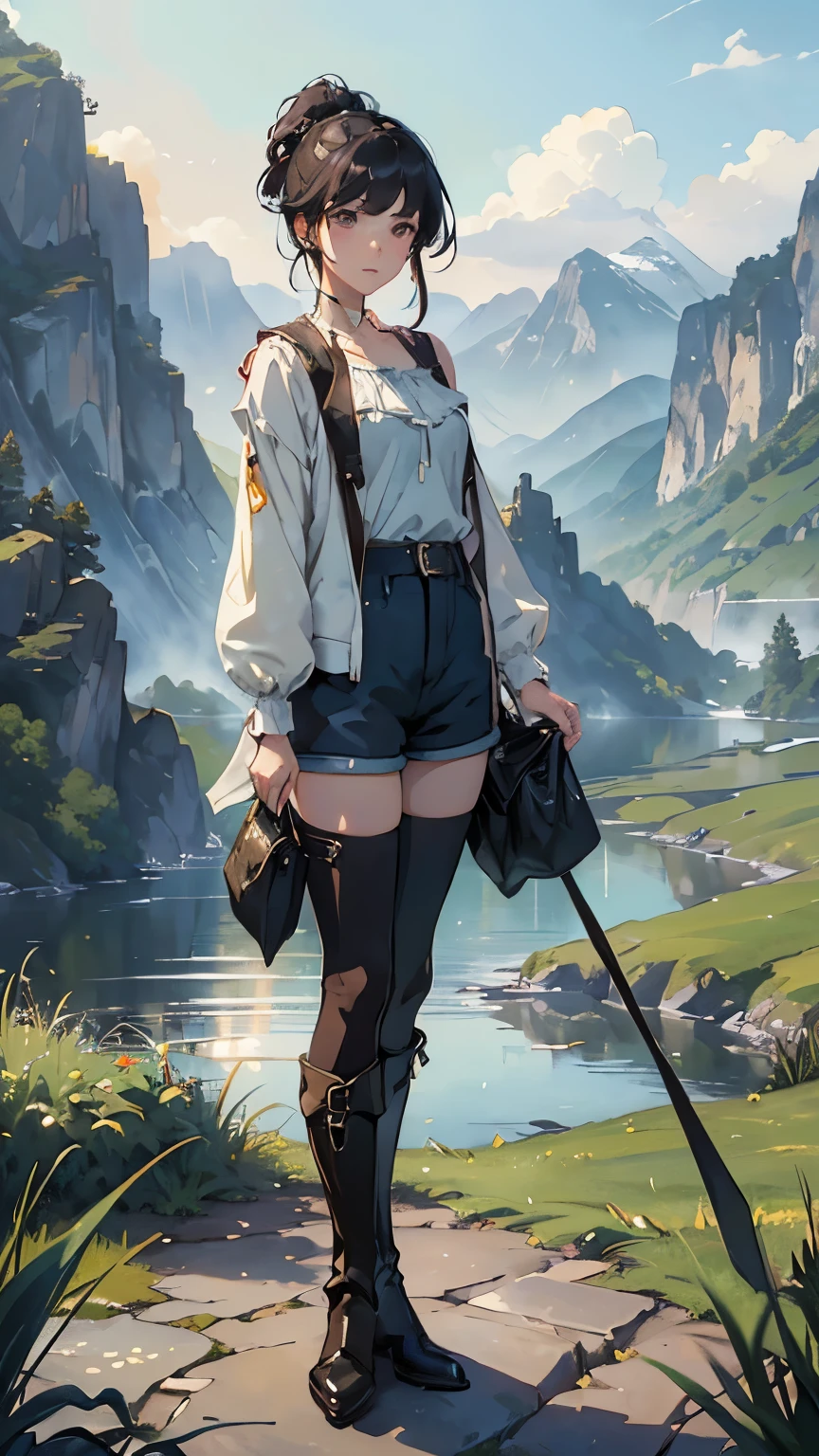 (highest quality、High resolution、masterpiece)、(Anime Art 4k)、(Photorealistic)、(Outdoor Girl)、Portraiture、 (whole body)、(1 person)、20-year-old woman、( Woman Standing On A Hill)、Beautiful Face、 (Facial detailing)、Black Hair、 short hair、 Beautiful Hair、Shiny Hair、(Put your hair up、Combing hair)、Skin Texture、Slim figure、Small breasts、(blouse)、(Best)、Jacket、(Shorts)、Riding pants、boots、Wear a shoulder bag、Cinema Lighting、Ray Tracing、Soft Light、Landscape painted on a foggy morning、Outdoor、Nice views、pastoral landscapes、Lake and mountains in the distance background々、(Sargent-style watercolor)、(Edmund Leighton Style)、