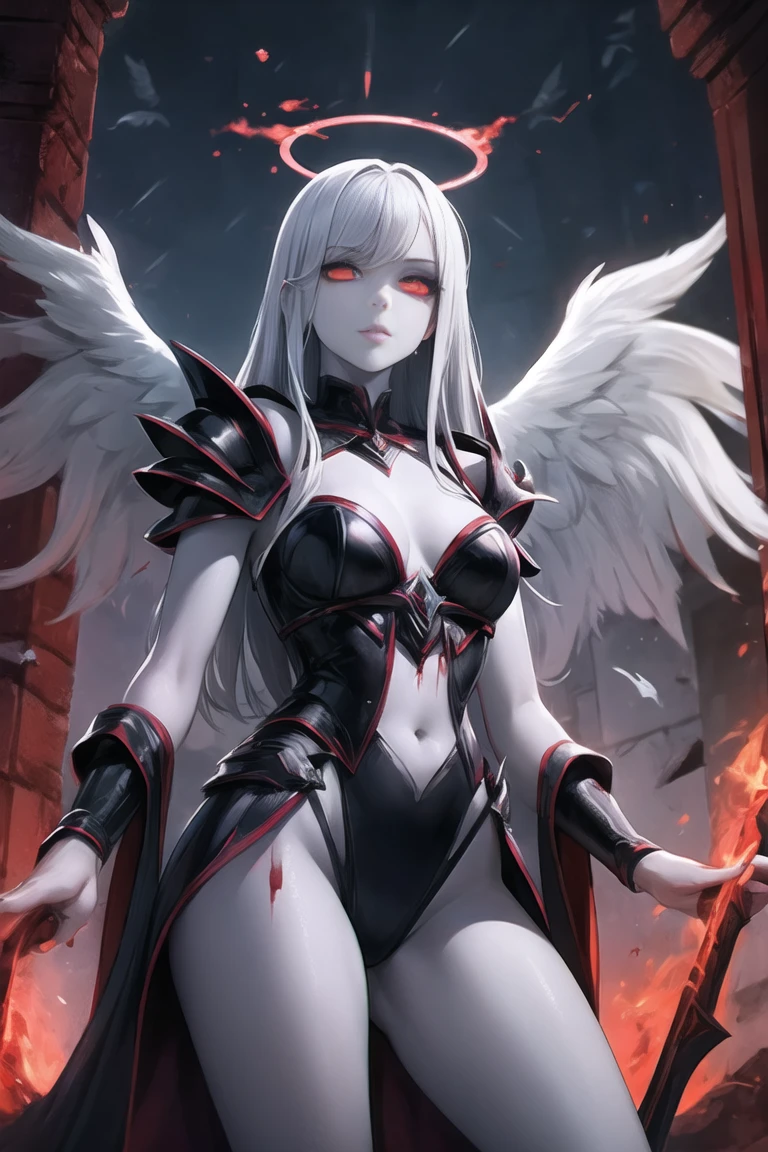Grey skin, blood halo, young angel, rare, cursed maiden, Angelic armor, beautiful girl, long silver hair, red glowing eyes, grey skin, black wings, palace ruins,