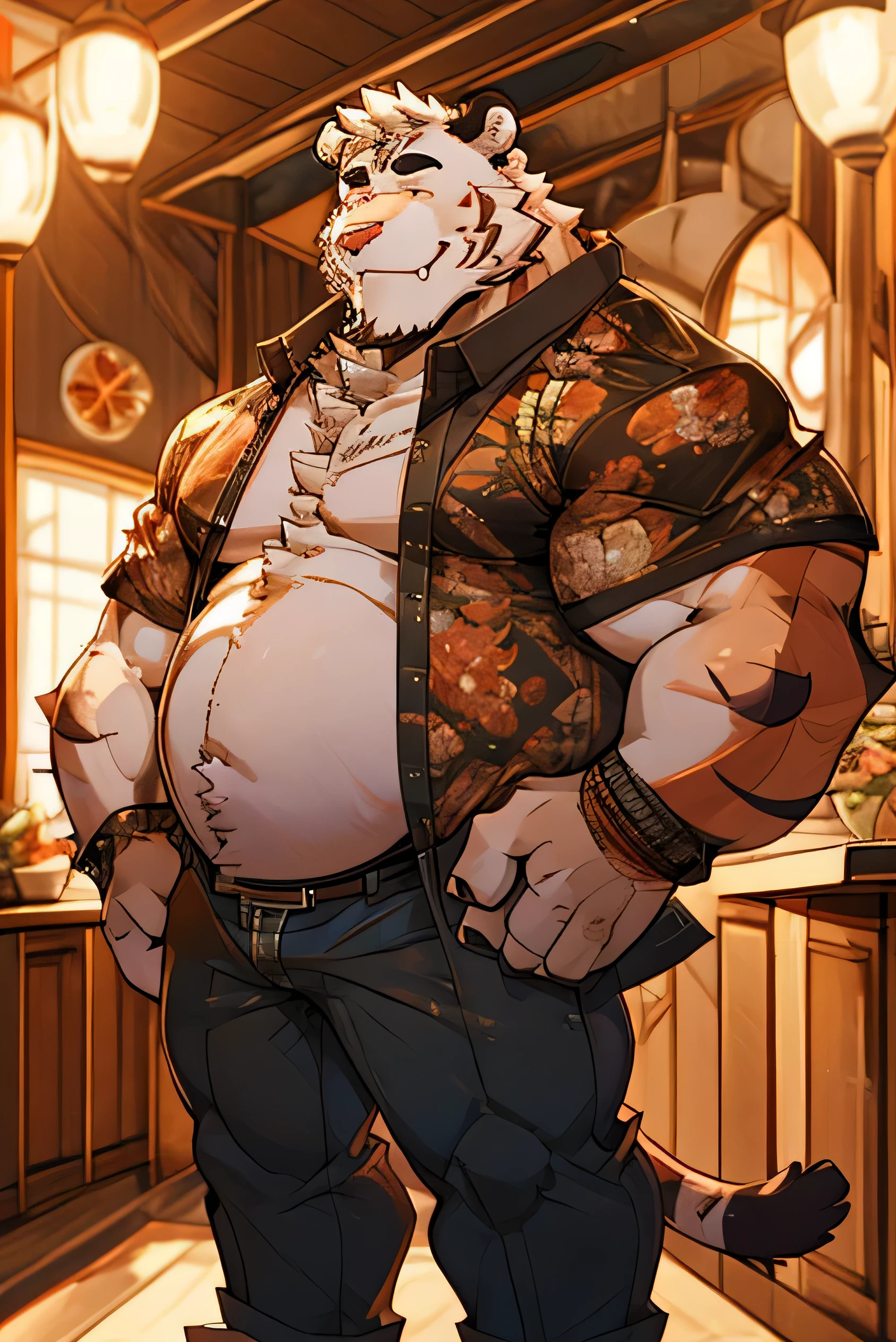 alone, smile, short hair, shirt, animal ears, male focus, cowboy shot, collared shirt, pants, hand on hip, muscular, floral print, sunglasses, pecs, muscular man, red shirt, bara, hairy, chubby, adjusting glasses, hairy male, belly, brown pants, partially unbuttoned, tiger ears, hand on glasses, Hawaiian shirt