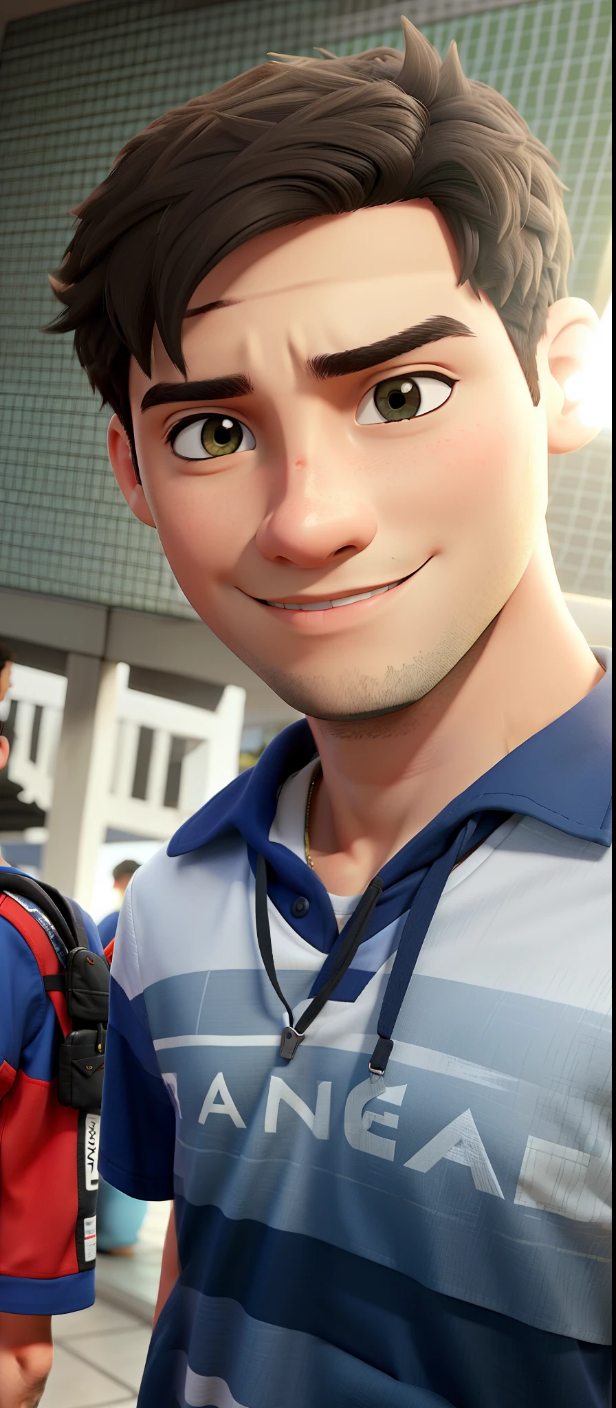 Um menino de 21 anos com camiseta listrada branca e preta