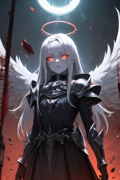 Grey skin, blood halo, young , rare, cursed maiden, Angelic armor, beautiful young kidong silver hair, red glowing eyes, grey skin, black wings, palace ruins,
