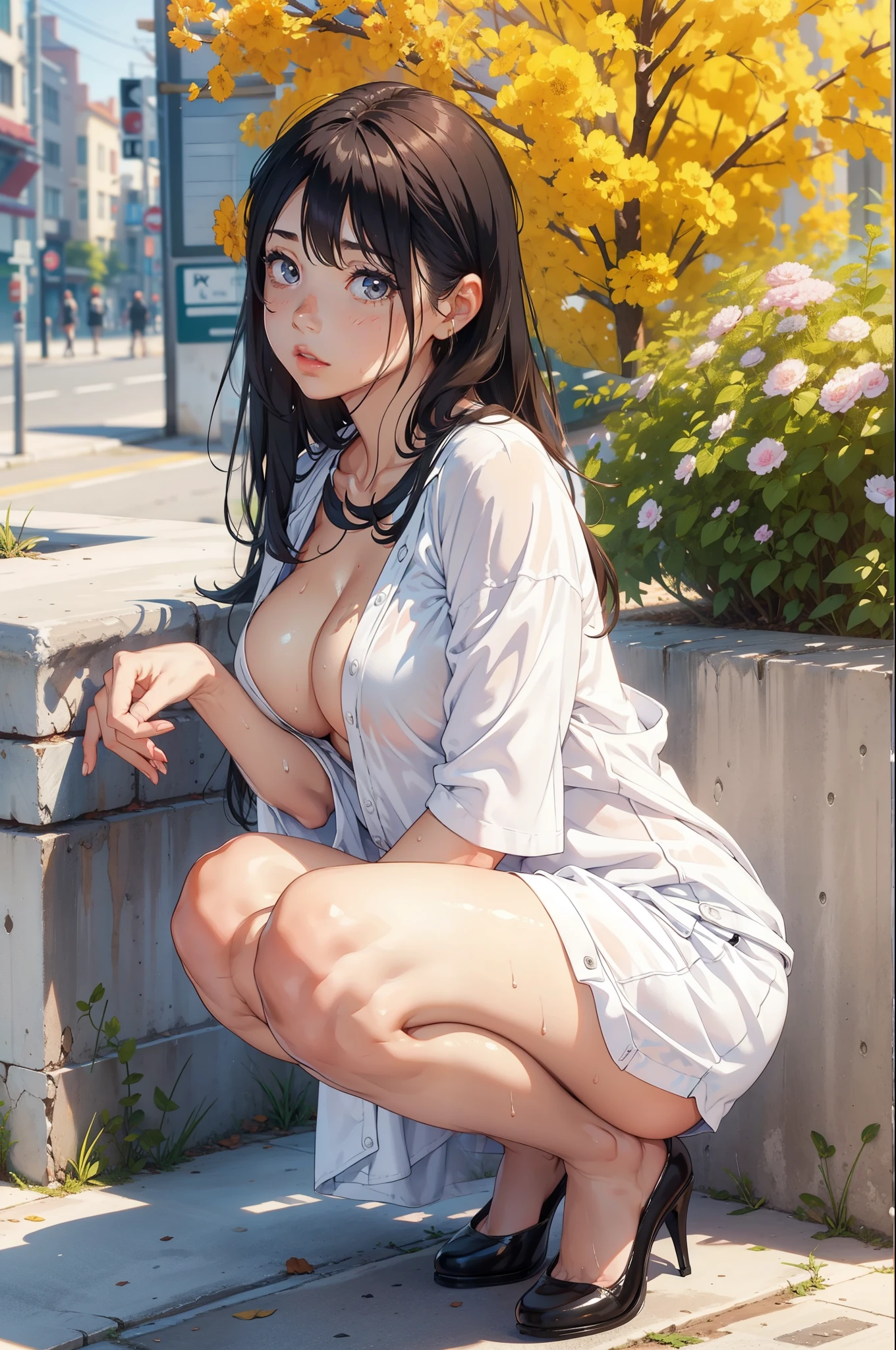 girl, sweat, medium breast, shy, detailed hand, looking at viewer, lips apart, dynamic shadows