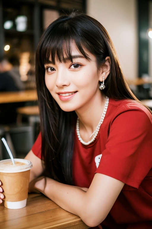 ((highest quality, 8k, masterpiece:1.3)), 40k, Perfect body beauty:1.4, Cinematic lighting, Long black hair, Straight bangs, (Red Shirt:1.1) , (in front of the cafe:1.2), Highly detailed face and skin texture, Fine grain, double eyelid, Whitening skin, Perfect Face, ( Gazing into the distance), (at night), smile, Earrings, necklace, Mature Woman, Coffee on the table, (a women sitting in front of the cafe),male