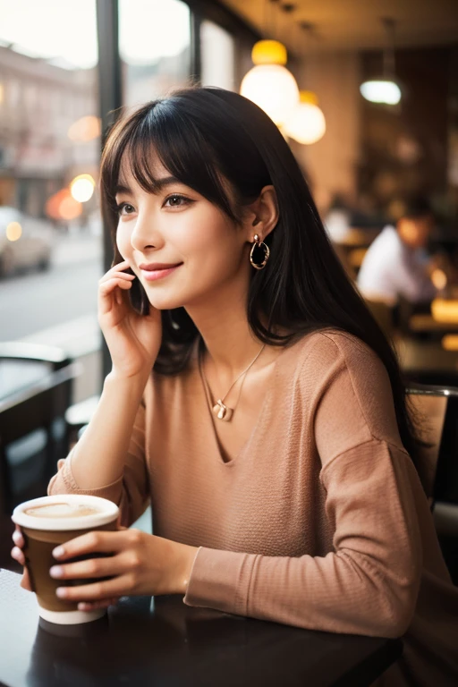 ((highest quality, 8k, masterpiece:1.3)), 40k, Perfect body beauty:1.4, Cinematic lighting, Long black hair, Straight bangs, (Red Shirt:1.1) , (in front of the cafe:1.2), Highly detailed face and skin texture, Fine grain, double eyelid, Whitening skin, Perfect Face, ( Gazing into the distance), (at night), smile, Earrings, necklace, Mature Woman, Coffee on the table, (a women sitting in front of the cafe),male