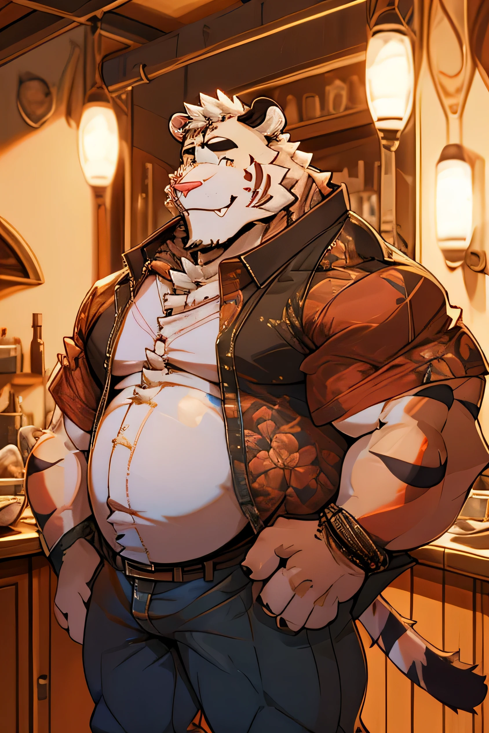 alone, smile, short hair, shirt, animal ears, male focus, cowboy shot, collared shirt, pants, hand on hip, muscular, floral print, sunglasses, pecs, muscular man, red shirt, bara, hairy, chubby, adjusting glasses, hairy male, belly, brown pants, partially unbuttoned, tiger ears, hand on glasses, Hawaiian shirt