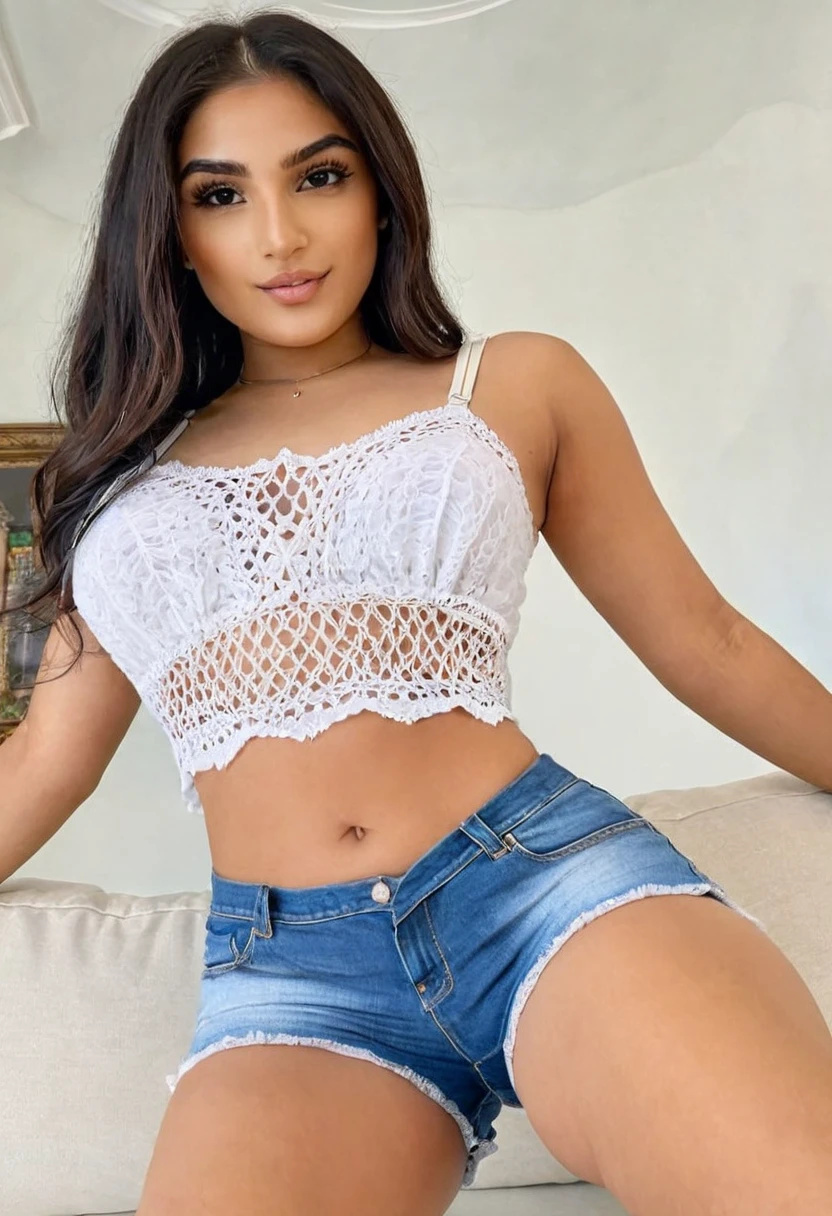 (best high quality:1.2), Work of art, 8k, extremely detailed, (High detail:1.2), ((perfect anatomy in hands)), (Hotlexi woman), Solo, 24 year old arabian female, ((Mini denim shorts, small blouse, panty straps showing at the top of the shorts)),