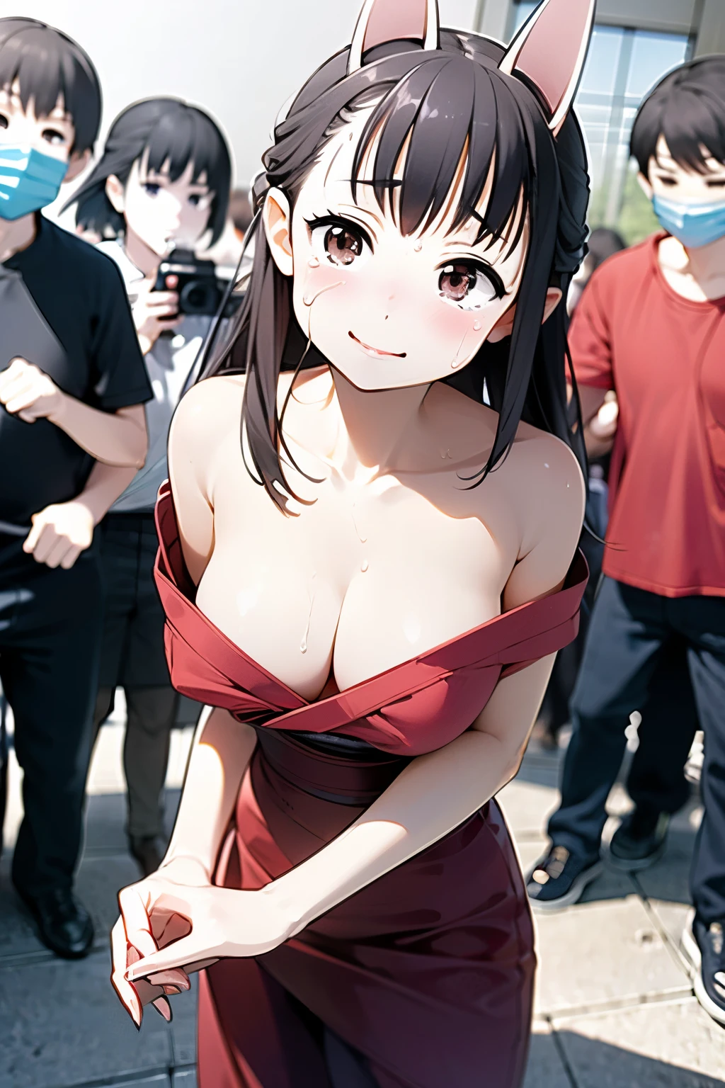 (One Japan Girl)、masterpiece, 最high quality, high quality, High precision,Highly detailed 8K wallpapers、Innocence、minimum、(Couple Dating)、(amusement park)、(Exposed、Shoulder Bare、Sexy plain clothes、Oversized)、funデート、cuteWife、summer、Pink clothes、With thick milk in my hands、Hands to mouth、(Sweat running down your cheeks、Sweat trickling down my chest)、Holding hands、fun、honeymoon、(Embarrassed smile)、My arm is grabbed、amusement parkを楽しむ、defenseless、cuteイカ腹、Pure、Innocence、cute顔、cute、Big Breasts、Beautiful breasts、cute顔、No correction、adult、Slender、A Body That Knows Men、（girl、woman、Voluptuous、Fox ears、Fox Tail、brown hair、Long Hair、Long hair that reaches down to the waist、Slimming、beautifulなお腹、beautiful）、（short girl、Wife、wife）、From in front of the camera、look up、Lick sweat、Licking the tears