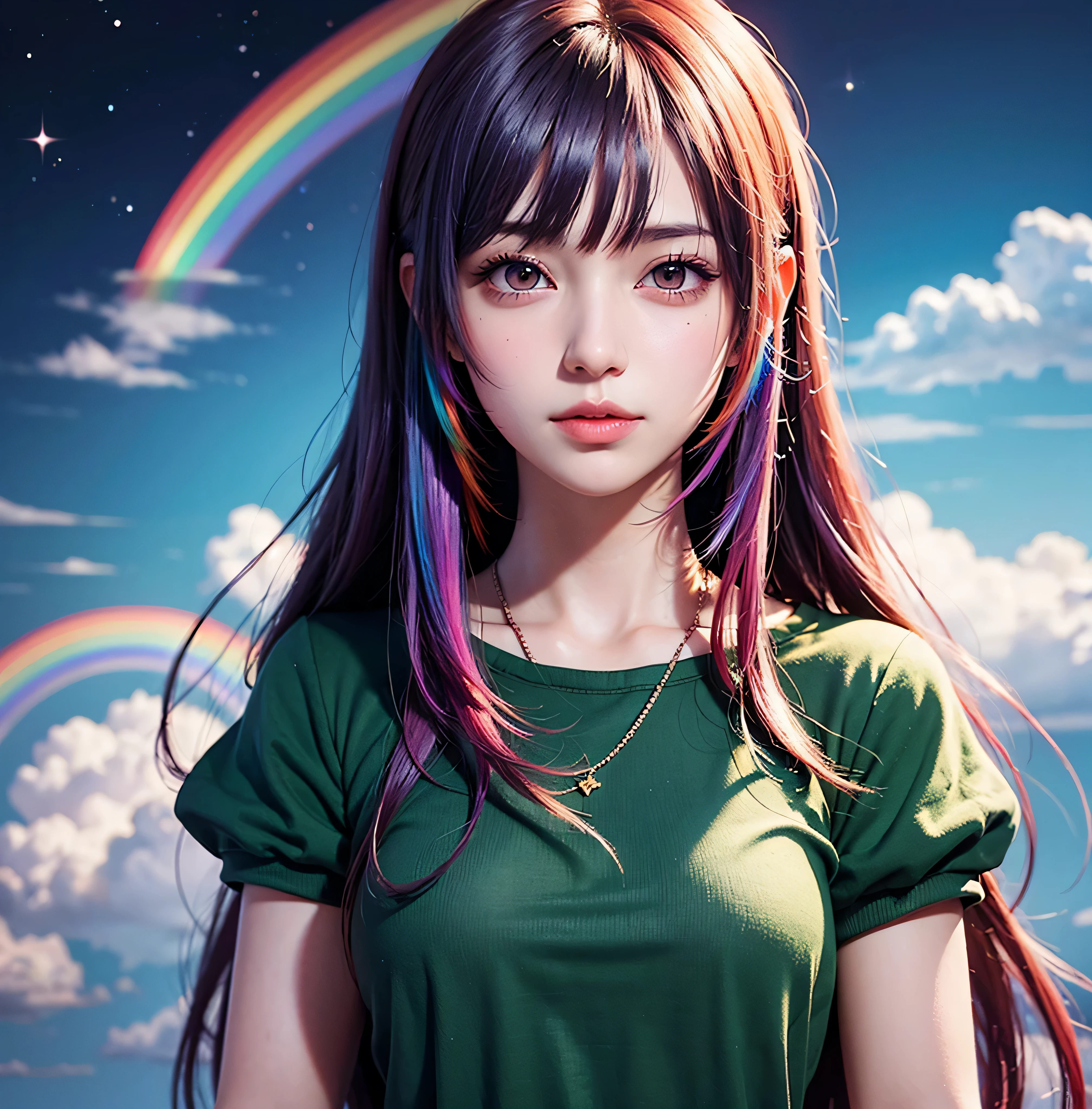 (Anime Girl + Long Hair + Portrait), (Color Hair + Rainbow: 1.5 + Cosmic Hair: 1.2), (Beauty + Fantasy + Anime Style), (8K Wallpaper: 1.2 + 4K Wallpaper: 1.1), (Anime Illustration + Art Style + Art Artwork)