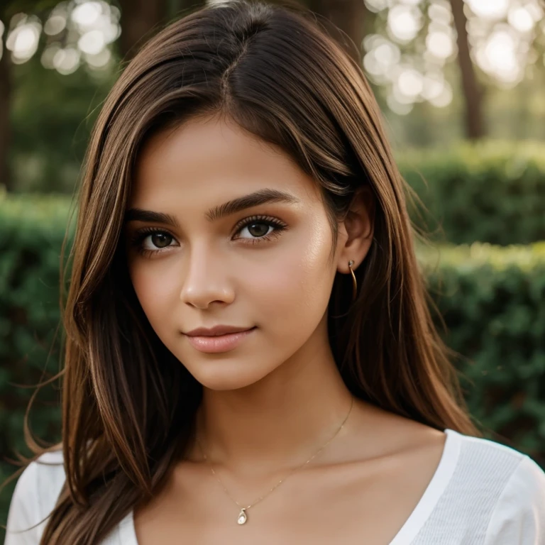 girl, beautiful, teenager, brown hair, light brown eyes, main, denim short, with the face of actress Bela Fernandes,