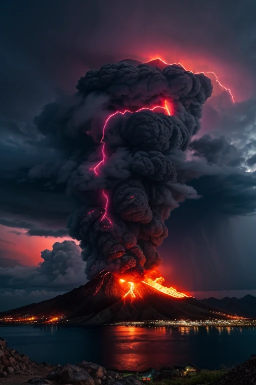 The erruption of mountain with lava, storm at dark cloud, sea at the bottom. there is text say "Pray for Tagulandang, landscape picture