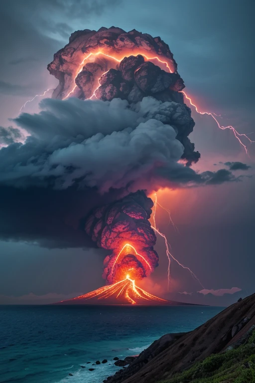 The erruption of mountain with lava, storm at dark cloud, sea at the bottom. there is text say "Pray for Tagulandang, landscape picture