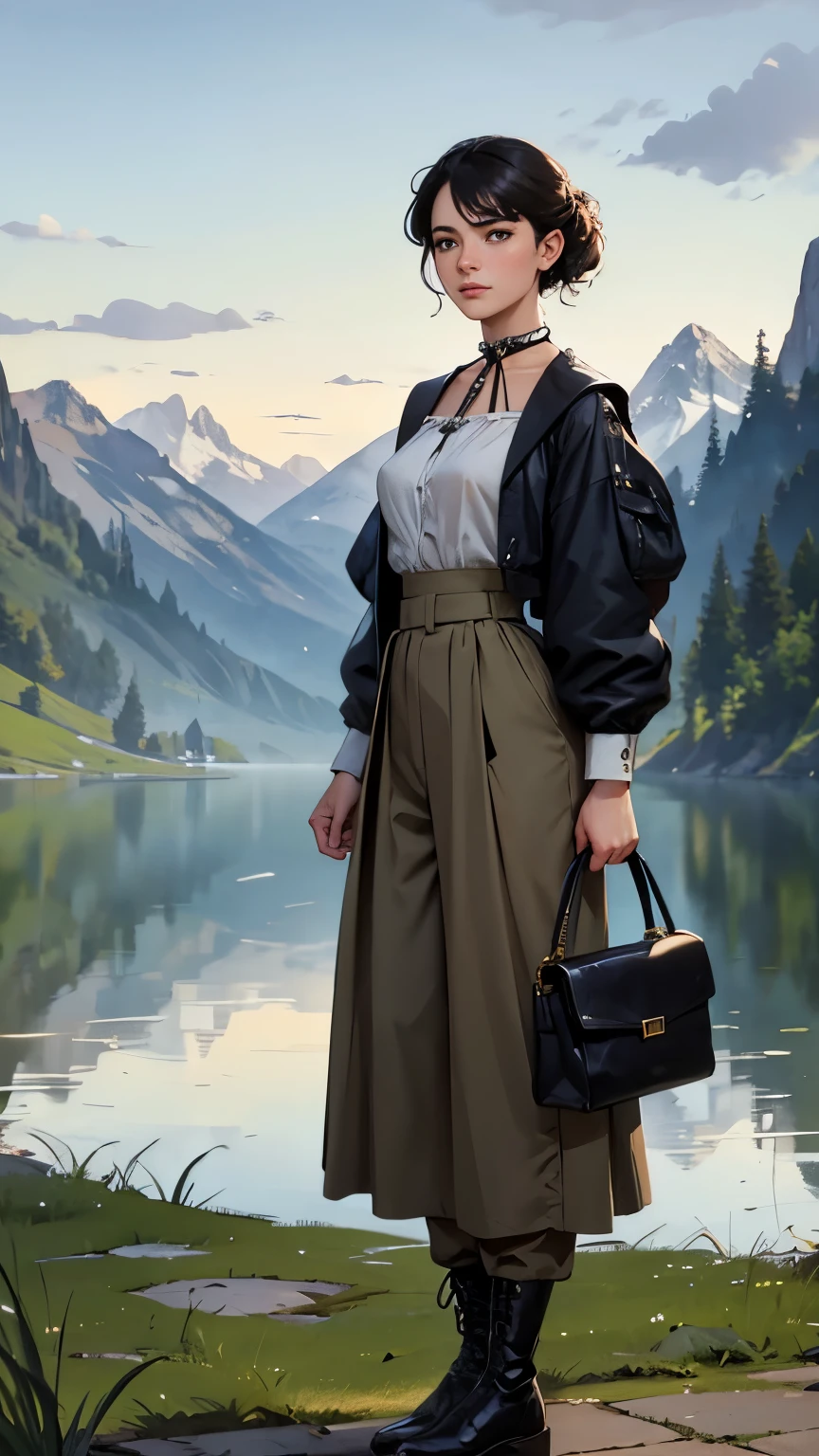 (highest quality、High resolution、masterpiece)、(Anime Art 4k)、(Photorealistic)、(Outdoor style)、Adventure Story、Portraiture、 (whole body)、(1 person)、20-year-old woman、( Woman Standing On A Hill)、Beautiful Face、 (Facial detailing)、Black Hair、 short hair、 Beautiful Hair、Shiny Hair、(Put your hair up、Combing hair)、Skin Texture、Slim figure、Small breasts、(blouse)、(Best)、Jacket、(Culottes)、Sabrina Pants、boots、Wear a shoulder bag、Binoculars around one's neck、Cinema Lighting、Ray Tracing、Soft Light、Landscape painted on a foggy morning、Outdoor、Nice views、pastoral landscapes、Lake and mountains in the distance background々、(Sargent-style watercolor)、(Edmund Leighton Style)、