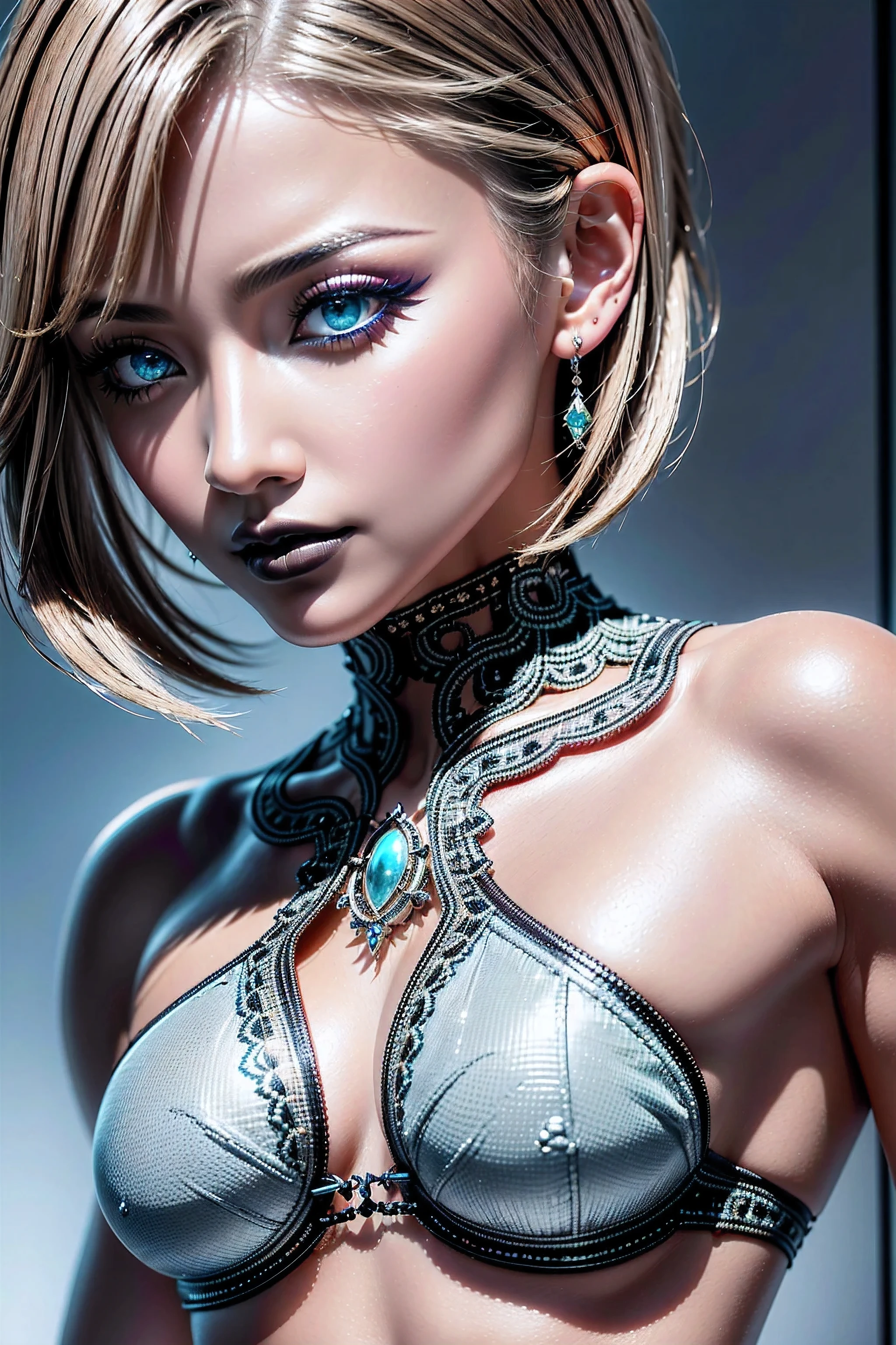 (Intricately detailed photo),(Ultra-realistic最high quality),(photorealistic),(sharp focus),(highest resolution),(the most absurd quality),(masterpiece), Official art、upperbody shot、actionpose, (Increase quality:1.2), (best quality real texture skin:1.35),(perfect proportions),(anatomically correct),(perfect female body),((slim,slim-muscled body:1.24)), (light dark short hair, Intricately detailed:1.55), (Super beautiful face),(realistic face),(highly detailed face),absurd(ultra detailed eyes),(tired and sleepy and satisfied:0.0), eye with a digital rendering, perfect round eyes,finely detailed pupils,detailed lips:1.3, (realistic eyes),(Eyes of a cold_Aqua_color:1.28),BREAK,detailed lips:1.3, (black_lipstick:1.3), perfect silver_eyeshadows:1.22, (Detailed nose), full bodyesbian,