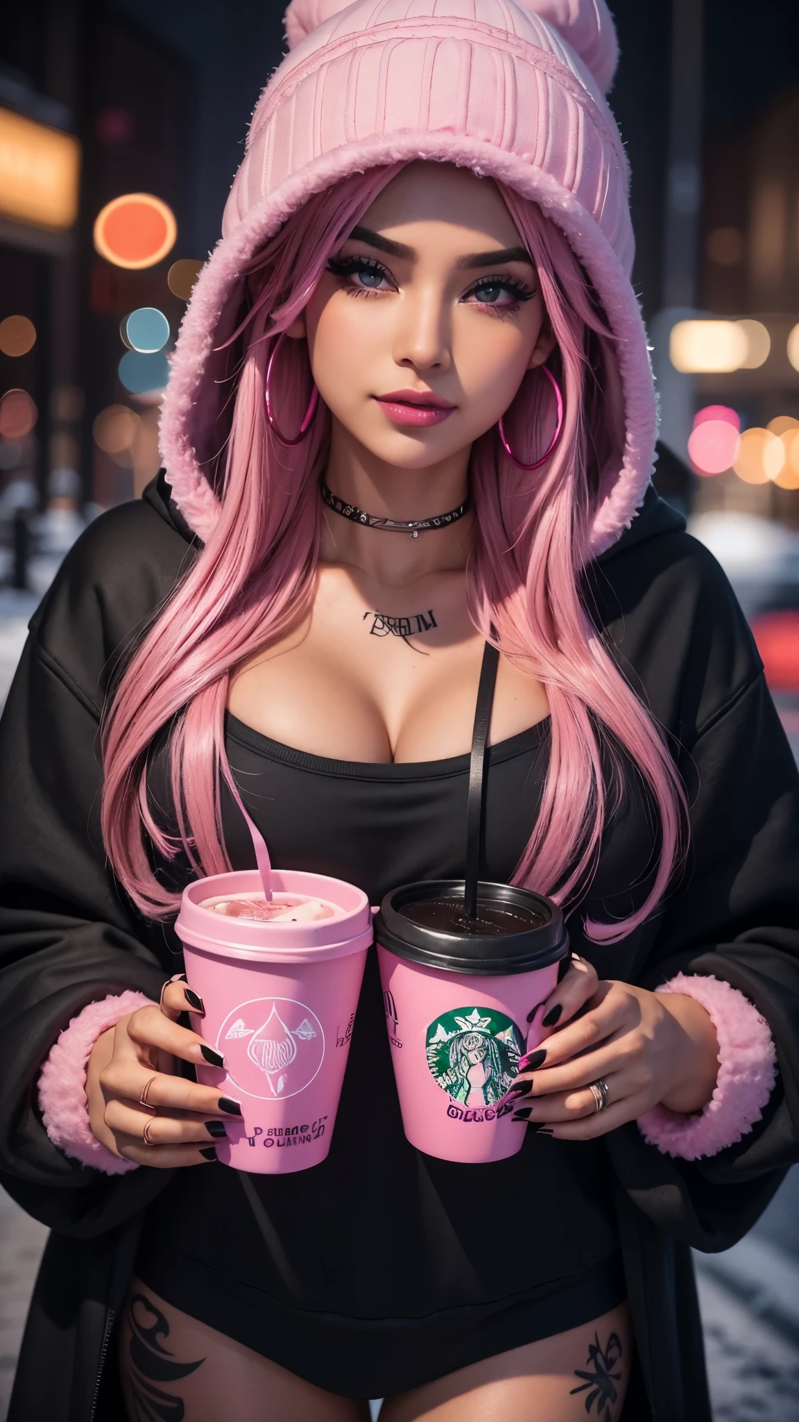 Cinematic Hollywood Film, great lighting, focus stacking, ultra realistic, 8k, highly detailed realistic fantasy art of a a gorgeous hyper realistic Latina with black and pink ombre long tousled hair, wearing a pink winter hat, pink eyes with heavy black liner long, lashes white highlight in the inner corners, pink blush black lipstick, arched brows, dermal piercings, septum piercing, big pink hoop earrings, black hoodie with the hood up, long pink nails with black tips, holding a pink Starbucks cup, tattoo on neck, winter background, bokeh, soft focus,