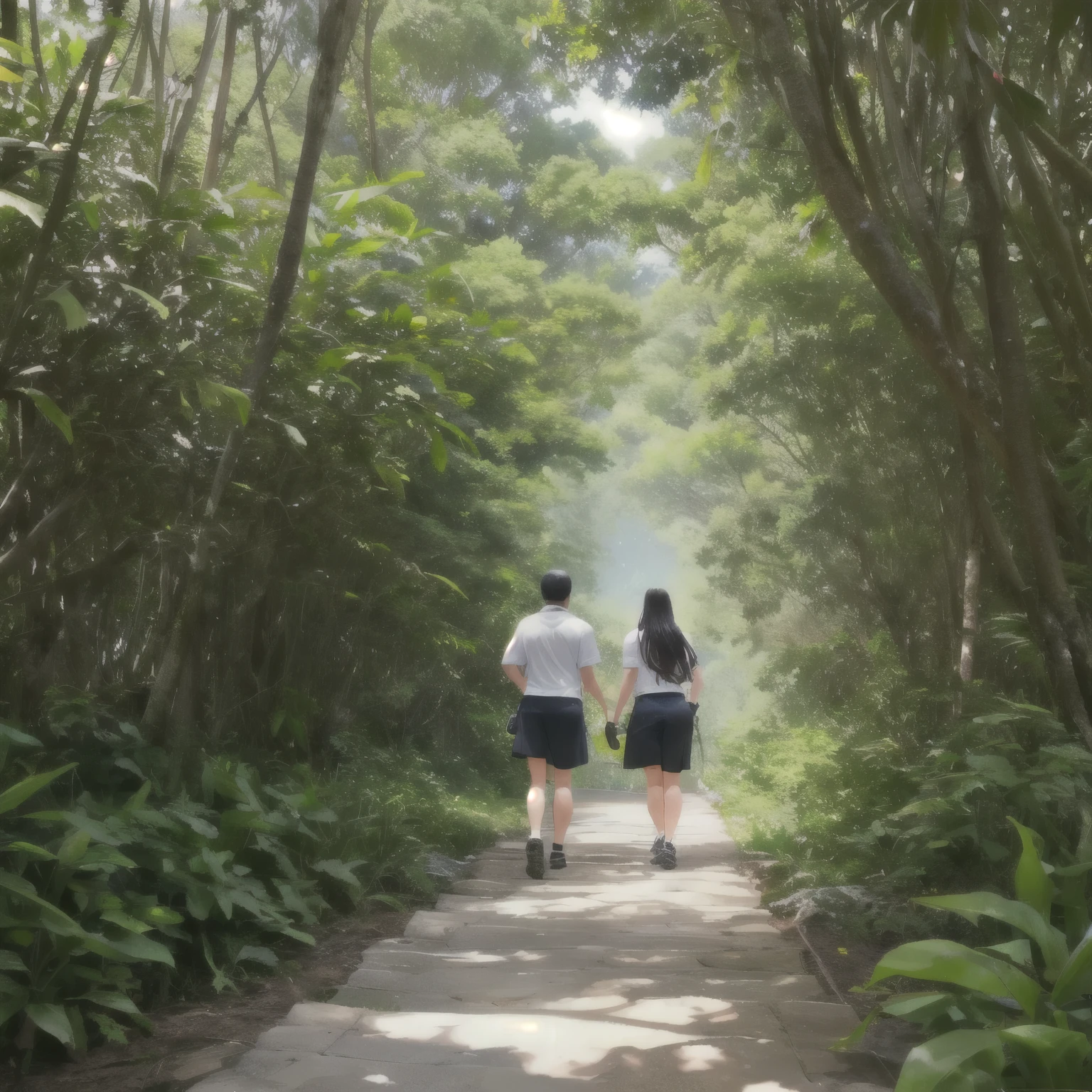 Image of friends walking around the island, Surrounded by dense vegetation, Showing determination and team spirit. They are looking forward to, Be prepared to face the challenges they will face.