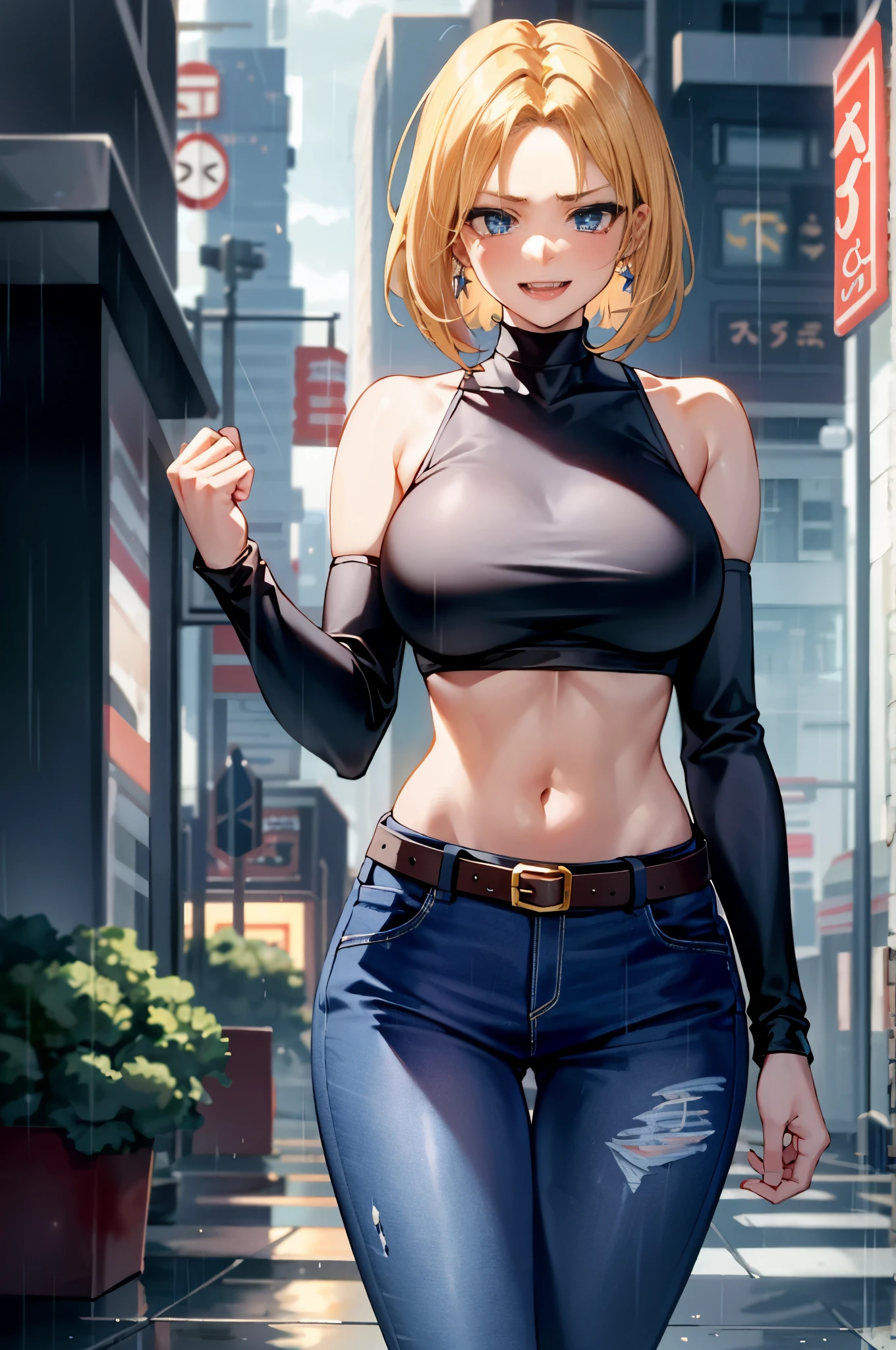masterpiece, best quality, highly detailed, cowboy shot, portrait, android 18, short hair, blond hair, blue eyes,
harem, large breasts, petite, ((blue jacket)), ((black turtleneck croptop)), midriff, (denim jeans, full length jeans, ((low rise jeans)), skindentation,
BREAK
(city, alleyway, night, dark theme), (clouds), add_detail:1, hair over eyes, hair over one eye, wide hips, thick legs, massive breasts, underboob