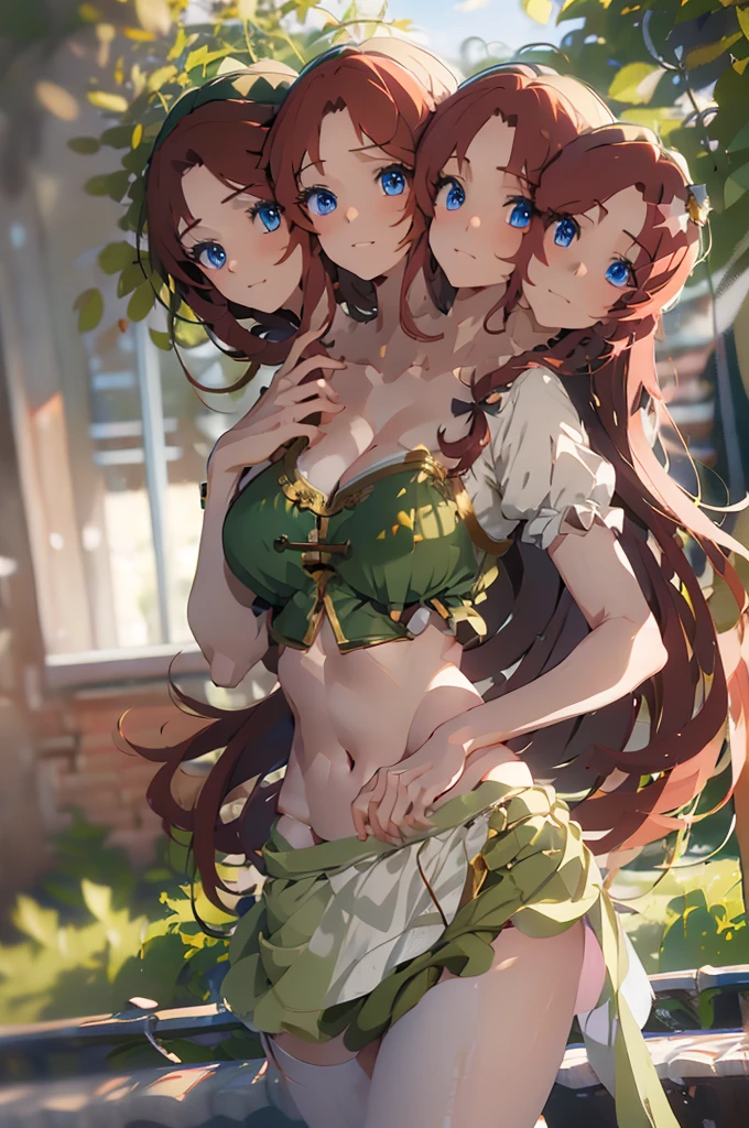 (masterpiece, best quality),best quality, (ultra-detailed), (3heads:1.5), 1girl, (ultra-detailed), (3heads:1.5), 1girl, (hong meiling:1.3), masterpiece, (best quality:1.5, highres, UHD), highres, absurdo, ultra detail, ultra quality, Ultra resolution, green top, crop top, ((stomach)), midriff, ((groin)), green skirt, miniskirt, normal ears, shackles, red hair, very long hair, wavy hair, sidelocks, blue eyes, parted lips, midriff, sweat, cute, toned belly, hand on own chest, eyelashes, (24 year old woman:1.3), (masterpiece:1.5), (best quality:1.5), (beautiful detailed), extremely detailed CG, extremely delicate and beautiful, depth of field, (finely detailed face), (perfect details:1.2), (mature female:1.3), wide pelvis, slender, large veiny breast, 16k resolution, high quality, high definition, extremely detailed, masterpiece, red hair, long hair, alluring presence, twin braid, short skirt, close up, big tits, young, striped, green beret, hair ornament, chinese clothes, star hat ornament, open belly, nsfw,