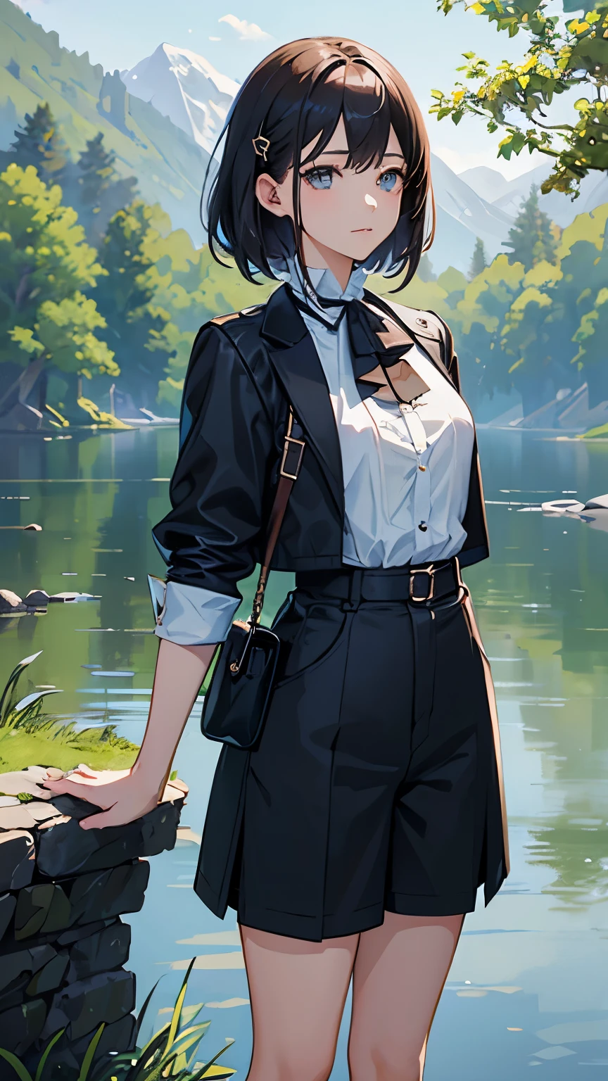 (highest quality、High resolution、masterpiece)、(Anime Art 4k)、(Photorealistic)、(Outdoor Girl)、Portraiture、 (whole body)、(1 person)、20-year-old woman、( Woman Standing On A Hill)、Beautiful Face、 (Facial detailing)、Black Hair、 short hair、 Beautiful Hair、Shiny Hair、(Put your hair up、Combing hair)、Skin Texture、Slim figure、Small breasts、(blouse)、(Best)、Jacket、(Shorts)、Riding pants、boots、Wear a shoulder bag、Binoculars around one's neck、A bit steampunk style、Cinema Lighting、Ray Tracing、Soft Light、Landscape painted on a foggy morning、Outdoor、Nice views、pastoral landscapes、Lake and mountains in the distance background々、(Sargent-style watercolor)、(Edmund Leighton Style)、