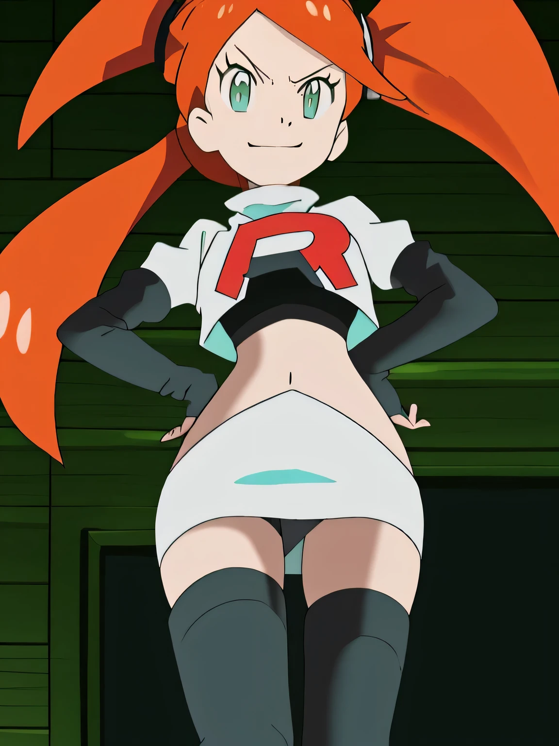 1girl, solo ,sonia, side ponytail,orange hair, heart hair ornaments, aqua eyes ,glossy lips, earings ,team rocket uniform, red letter R, white skirt,white crop top,black thigh-high boots, black elbow gloves, closed mouth, evil smile8k, masterpiece,highres,team rocket uniform, red letter r, white skirt,white crop top,black thigh-high boots, black elbow gloves, glaring angrily, looking down at viewer, hands on hips, cowboy shot, zettai ryouiki,from below, black panties,anime style, vivid colors, sharp focus, intense lighting,