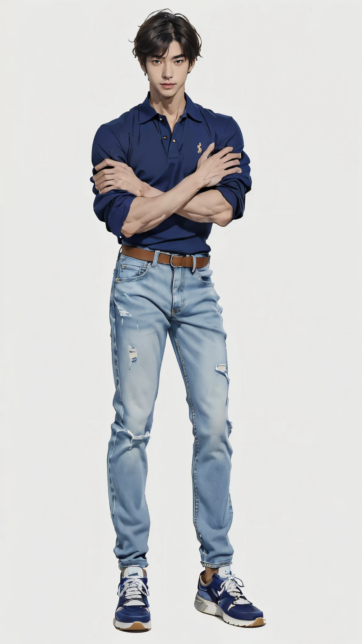 ((best quality,4k,highres,masterpiece:1.2)),((character concept art)), Japanese guy, (male) an 18-year-old first-year university student in Japan, Hiroshi is notable for his extremely handsome looks and ultra detail 6-packs, (His features include a face with perfect golden ratio proportions), sun-kissed skin from regular outdoor activities, dark brown hair, and light brown eyes, ((He has large lean muscular physique, showcasing his athleticism)), and his long legs add to his athletic appearance, (His sharp, chiseled jawline further accentuates his remarkable physical attractiveness), ((wearing A Ralph Lauren Polo shirt in a classic navy, The fit is designed to be flattering without being overly tight, perfect for showcasing Hiroshi's athletic build while maintaining an air of casual elegance, denim Jeans by Brunello Cucinelli straight-leg jeans in a off-white denim, featuring a timeless design that balances casual with sophistication, The white denim adds a touch of laid-back style, making them versatile for various occasions, while the fit is impeccable, sitting comfortably around Hiroshi's long legs and lean muscular build, Footwear: Berluti Fast Track leather-trimmed sneakers, These sneakers blend the casual vibe of denim with the sophistication of Hiroshi's style, Made from high-quality leather with a sleek design, they offer comfort and style, featuring Berluti's signature craftsmanship, The color can either complement the denim or add a contrast, depending on Hiroshi's preference for the day, ((intricate detail)), super finely detailed muscles, ultra finely detailed hands and legs, (((ten fingers))), (standing confidently), (full body showcase), (show full body), (no logos on background), (no logo), ((plain background)), ((plain background)), (((empty background))).