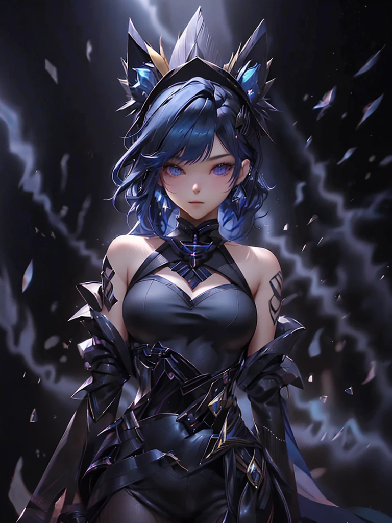 -yeld giwearing a black elegant hat、Rune background、black magician、Wearing a black robe、mesmerize、cute woman、Elegant hairstyle、indigo hair color、Slightly shorter hair、blue eyes、look at the viewer、masterpiece、Best image、