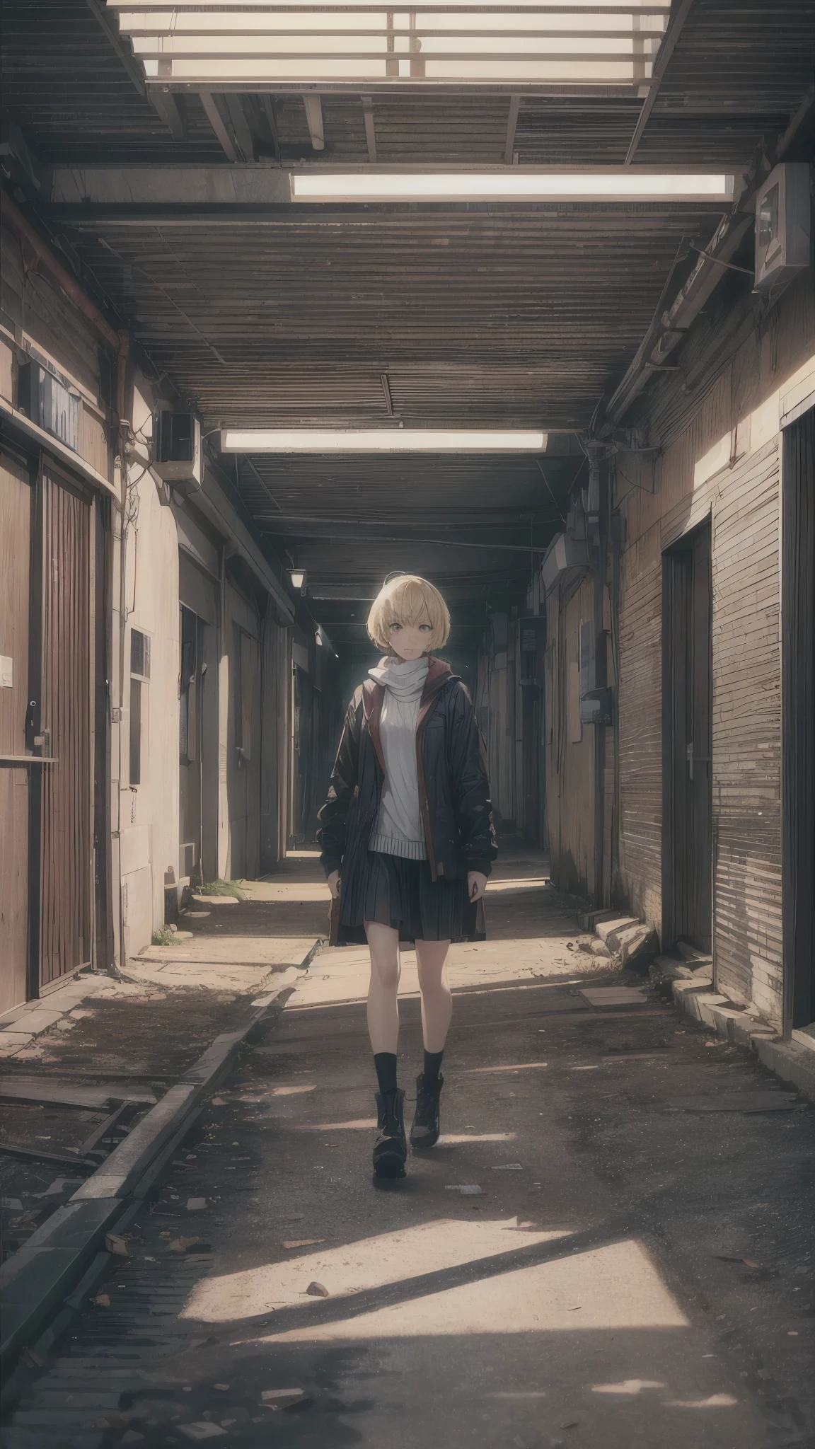 (best quality,4k,highres,ultra-detailed,realistic:1.2) inside the empty parking yellowed wallpaper and yellow carpet,the parking with no lights and no doors,((one 20years old woman,blonde short hair)),walking in the parking