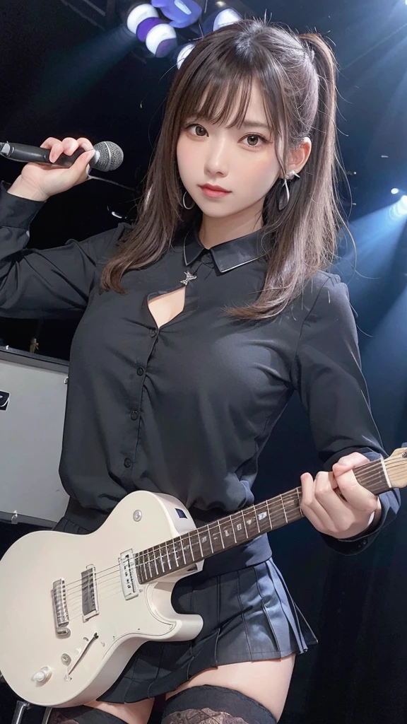 (highest quality, masterpiece: 1.2), Ultra-high resolution, Realistic, complete lighting, Intricate details, Exquisite detail and texture, 1 Girl, guitarist playing guitar, The guitar is a blue metal electric guitar that mixes blue and white., passionately play the electric guitar, he is a very famous guitarist, he is quite popular, he has many fans, The venue lights illuminate the characters and guitars beautifully., alone, (young), Facial highlights, Upper Body, Detailed face, punctum, White skin, Silver Hair, ponytail, Braid, Viewer, Big eyes, Earrings, Normal Breast, Slender body, Professional Lighting, Photon Mapping, Radio City, Physically Based Rendering, Wearing a black shirt, Cute black shirt with a tight figure, wearing a dressed shirt over a top, Wearing a tanned pleated skirt, A long-sleeved black shirt、Folded to reveal cuffs, expression is singing, wrinkles form between the eyebrows, she is wearing a pretty silver necklace, she is wearing a silver jewelry bracelet, she wears a round watch on her wrist, her skirt is almost black, She has a cute teddy bear hanging from her waist, Her hand is only 5 out, The venue is an idol venue, Her shirt has a shield-shaped mark on one chest., she wears black knee stockings, and、It is the background of the stadium venue.