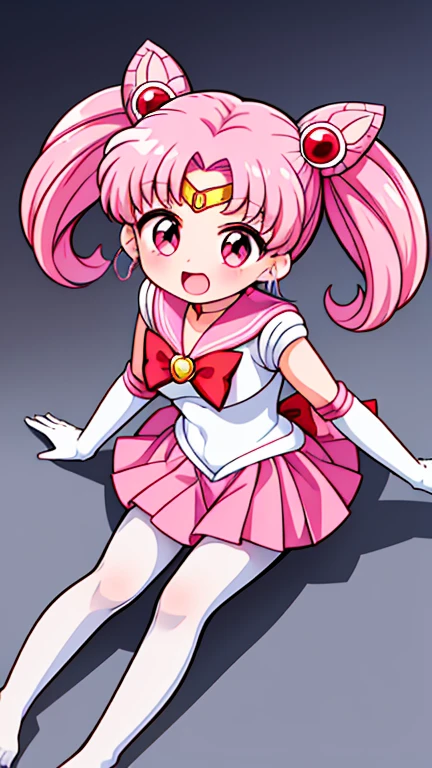 Sailor Moon,young年,,cute,(Little Loli),Pink hair twintails,short hair,Sailor Suit,red bow,White elbow gloves,Red Skirt,no shoes,Open your mouth,laughing out loud,Fangs,(White pantyhose),soles of feet,Soles,(young),(little man),sit