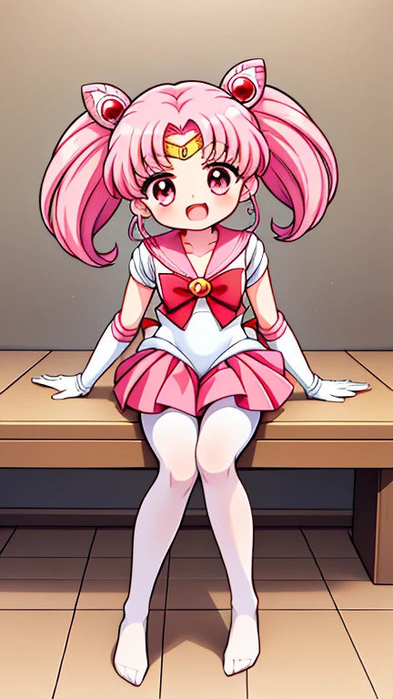 Sailor Moon,young年,Seven years old,cute,(Little Loli),Pink hair twintails,short hair,Sailor Suit,red bow,White elbow gloves,Red Skirt,no shoes,Open your mouth,laughing out loud,Fangs,(White pantyhose),soles of feet,Soles,(young),(little man),sit