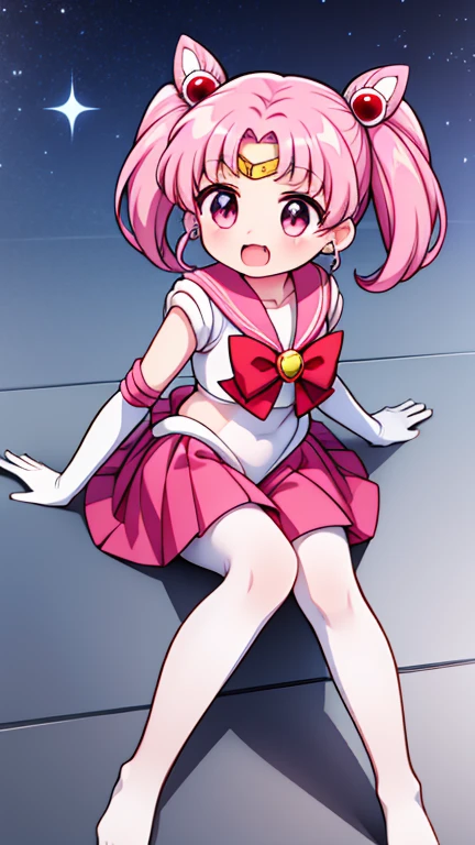 Sailor Moon，young年，Seven years old，cute，（Little Loli），Pink hair twintails，short hair，Sailor Suit，red bow，White elbow gloves，Red Skirt，no shoes，Open your mouth，laughing out loud，Fangs，(White pantyhose),soles of feet，Soles，(young)，(little man)，sit