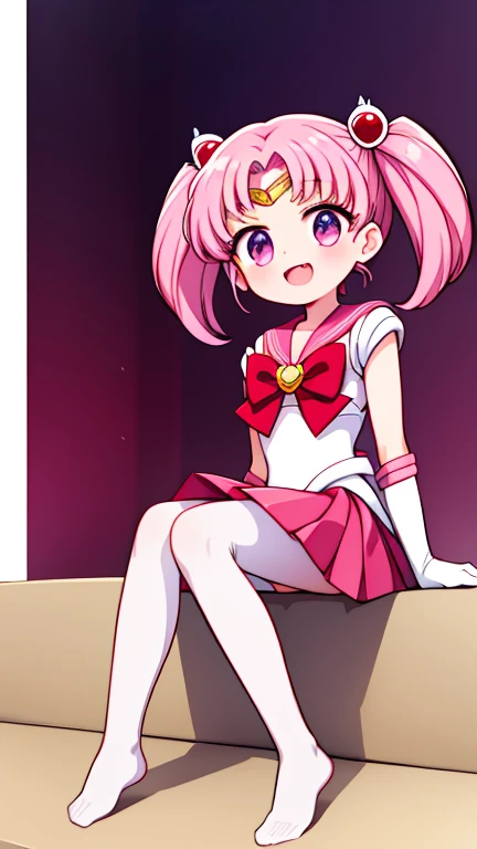 Sailor Moon,young年,Seven years old,cute,(Little Loli),Pink hair twintails,short hair,Sailor Suit,red bow,White elbow gloves,Red Skirt,no shoes,Open your mouth,laughing out loud,Fangs,(White pantyhose),soles of feet,Soles,(young),(little man),sit