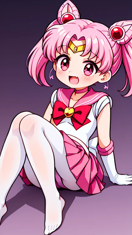 Sailor Moon,young年,,cute,(Little Loli),Pink hair twintails,short hair,Sailor Suit,red bow,White elbow gloves,Red Skirt,no shoes,Open your mouth,laughing out loud,Fangs,(White pantyhose),soles of feet,Soles,(young),(little man),sit