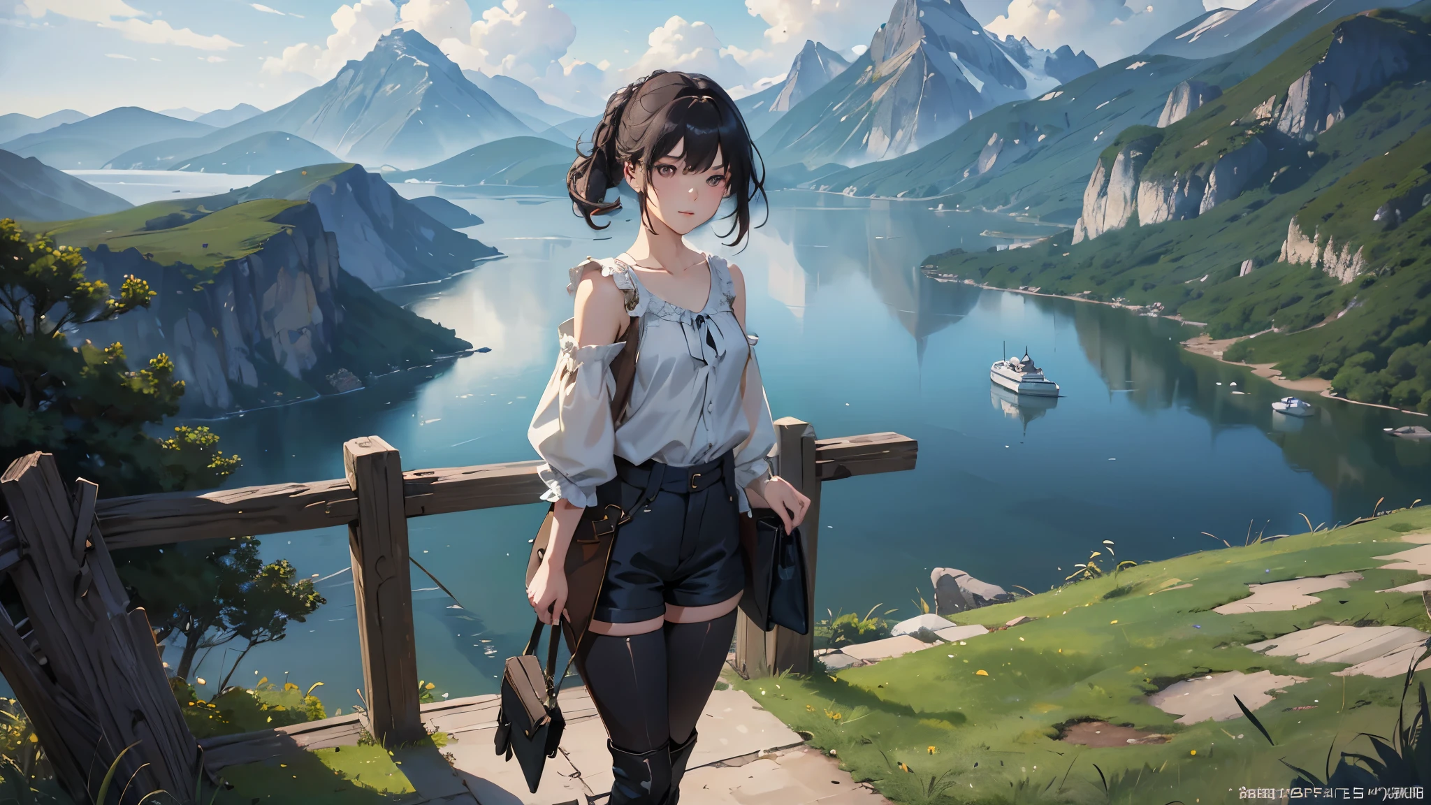 (highest quality、High resolution、masterpiece)、(Anime Art 4k)、(Photorealistic)、(Outdoor Girl)、Portraiture、 (whole body)、(1 person)、20-year-old woman、( Woman Standing On A Hill)、Beautiful Face、 (Facial detailing)、Black Hair、 short hair、 Beautiful Hair、Shiny Hair、(Put your hair up、Combing hair)、Skin Texture、Slim figure、Small breasts、(blouse)、(Best)、Jacket、(Shorts)、Riding pants、boots、Wear a shoulder bag、Cinema Lighting、Ray Tracing、Soft Light、Landscape painted on a foggy morning、Outdoor、Nice views、pastoral landscapes、Lake and mountains in the distance background々、(Sargent-style watercolor)、(Edmund Leighton Style)、