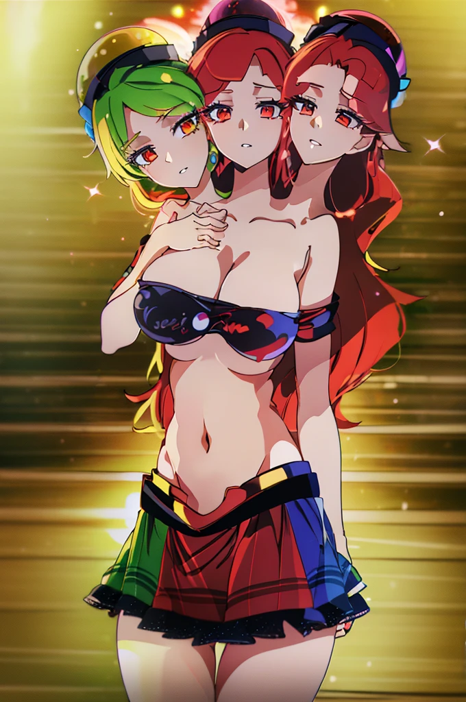 (masterpiece, best quality), best quality, (ultra-detailed), (3heads:1.5), 1girl, (hecatia lapislazuli:1.3), masterpiece, (high quality), (high resolution), (best quality:1.5, highres, UHD), highres, absurdo, ultra detail, ultra quality black top, crop top, ((stomach)), midriff, ((groin)), plaid skirt, miniskirt, multicolored skirt, normal ears, shackles, red hair, very long hair, wavy hair, sidelocks, red eyes, parted lips, open belly, sweat, cute, toned belly, hand on own chest, eyelashes, (24 year old woman:1.3), (masterpiece:1.5), (best quality:1.5), (beautiful detailed), extremely detailed CG, extremely delicate and beautiful, depth of field, (finely detailed face), (perfect details:1.2), (mature female:1.3), wide pelvis, slender, large veiny breast, 16k resolution, high quality, high definition, extremely detailed, masterpiece, best quality, red hair, long hair, alluring presence, twin braid, short skirt, close up, big tits, young, striped, earth (ornament), moon (ornament),