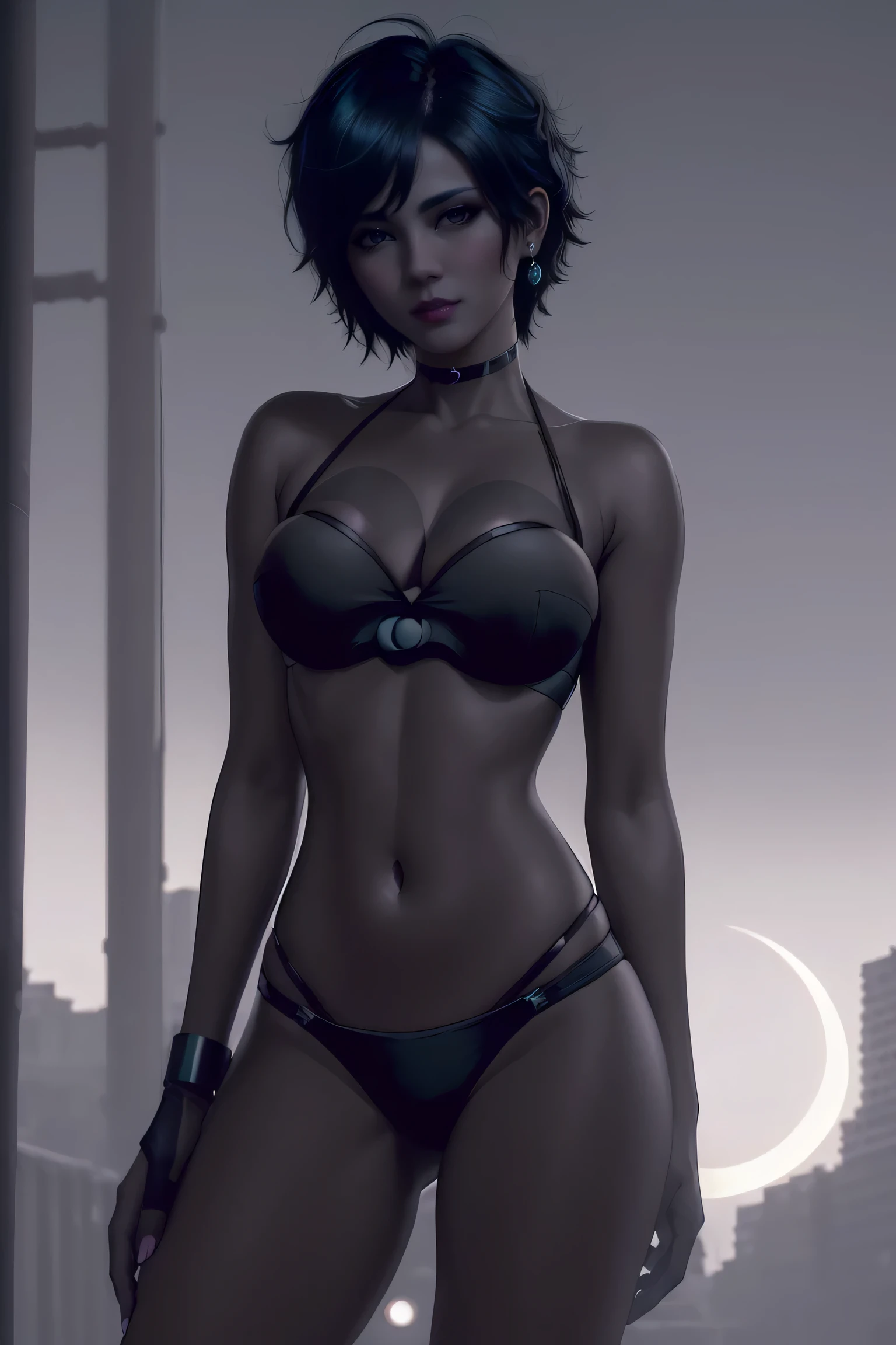 hermosa chica, cuerpo completo, short tousled hair with bright neon blue stripes, ((large light realistic detallado eyes:1.3)), ((pose seductora:0.5)), sombra de ojos negra, (ropa de estilo callejero:1.2), ((falda corta ajustada y ajustada)), ((botas de cuero hasta la rodilla:1.3)), (ciudad oscura noche fondo negro:1.4), maquillaje oscuro, arte digital, tendencia en artstation, highly detallado, buen detalle, intrincado, beautiful detallado glow, detallado, cinematic light, high resolution, detallado facial features, sharp focus, liso, aesthetic,